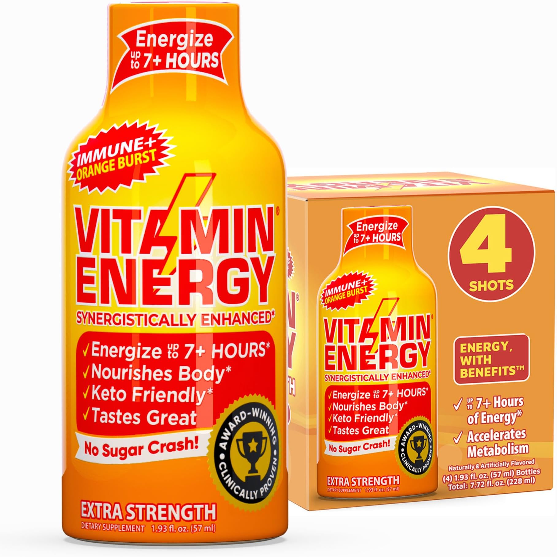 Vitamin Energy Immune+ Extra Strength Energy Shot – Orange Burst – 100% DV B-Vitamins & 260mg Caffeine – Zero Calories, Sugar-Free, Vegan, – Immunity & Energy Support – 1.93 fl oz, 4-Pack
