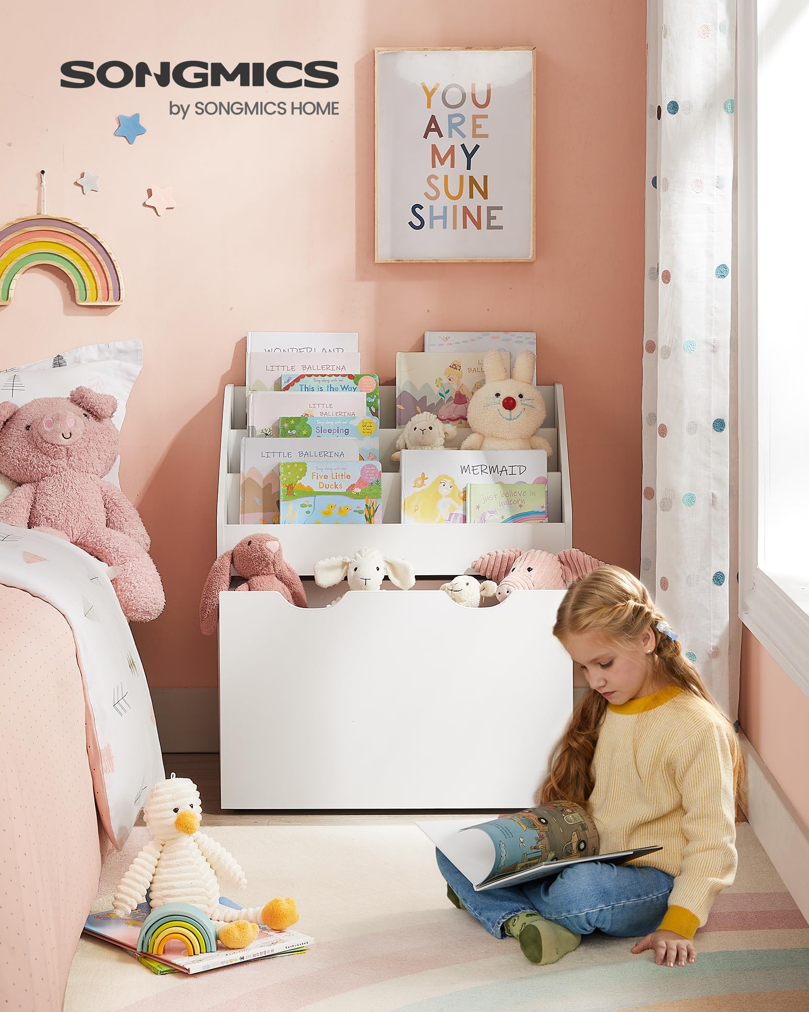 SONGMICS Bücherregal Kinder, 3 Regalebenen, Aufbewahrungsbox auf Rollen, wolkenweiß GKR041W10