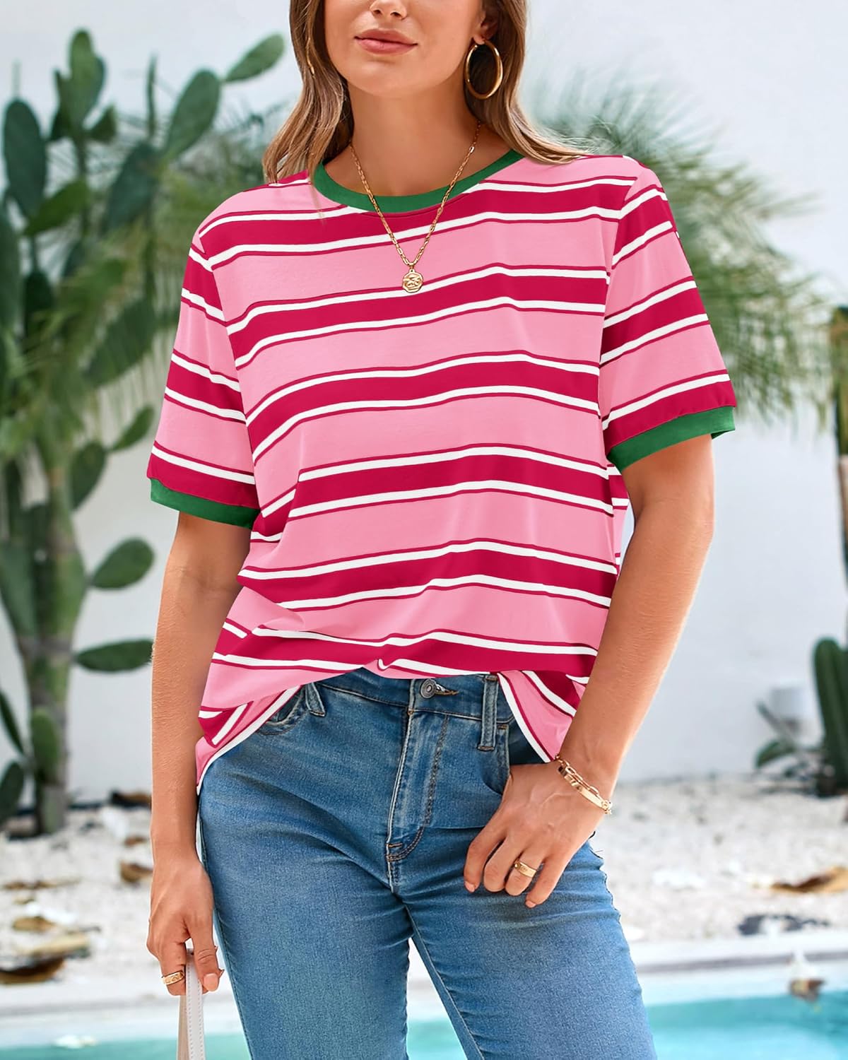 BTFBM Summer Tops for Women 2026 Crewneck Short Sleeve Striped T Shirts Casual Spring Clothes Color Block Basic Tee Blouses - Image 6
