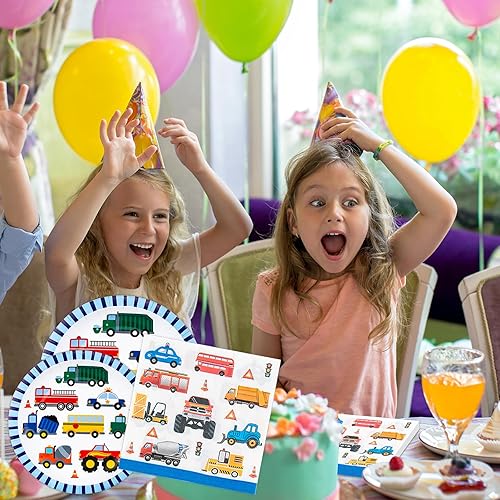 Miniatura 7 de Carros de tráfico, camiones, suministros de fiesta, platos de papel, servilletas, mantel de transporte, juego de vajilla temática de vehículos de