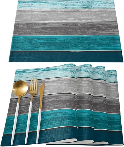 Vista 49 de Vandarllin Juego de 6 manteles individuales retro con textura de madera rústica de poliéster, resistentes a las manchas, manteles individuales Rayas