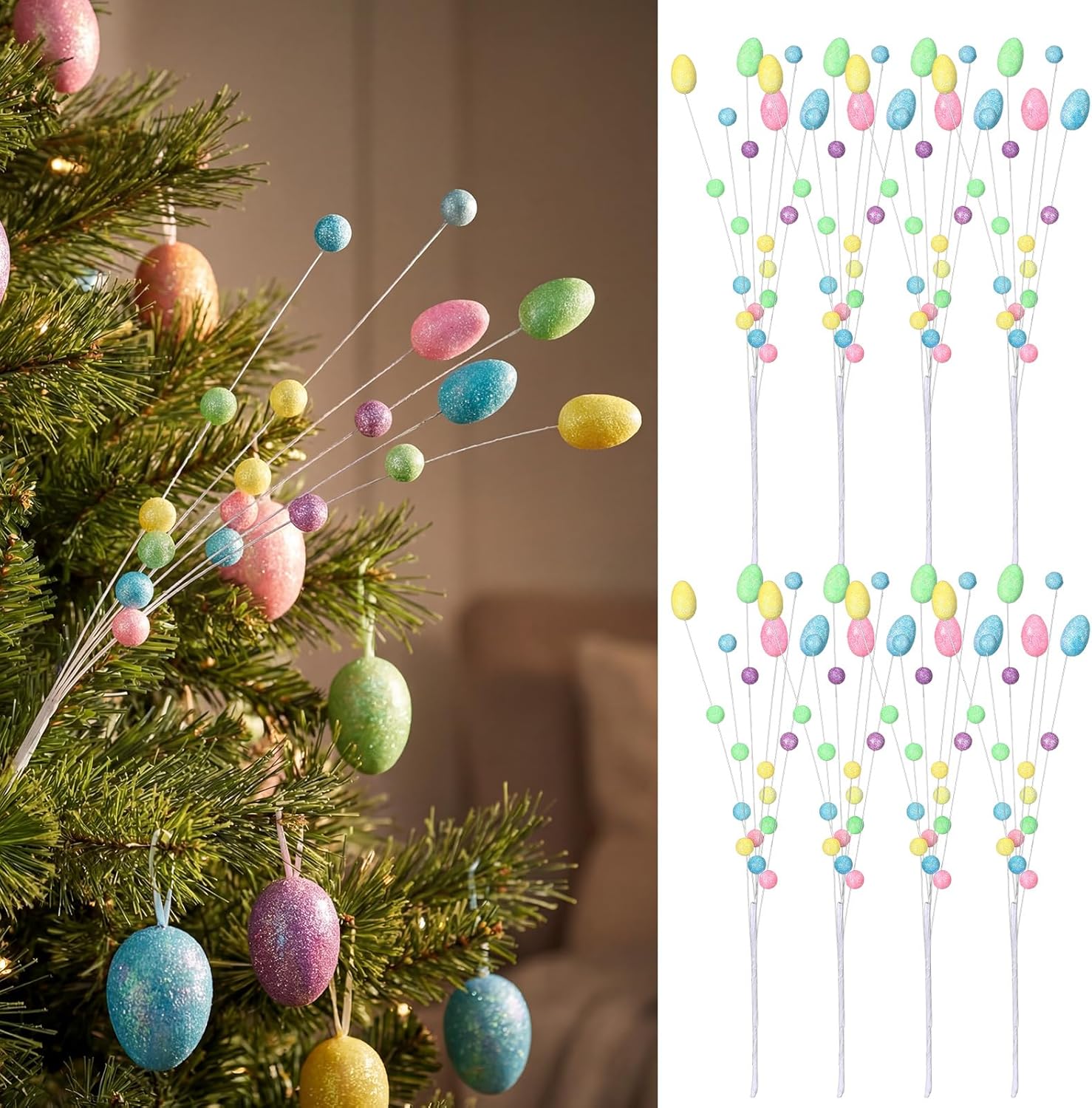 Zeyune 8個パック 17インチ イースターパステルエッグピック グリッター スプリングフォーム エッグ ベリー 枝 茎 春 イ