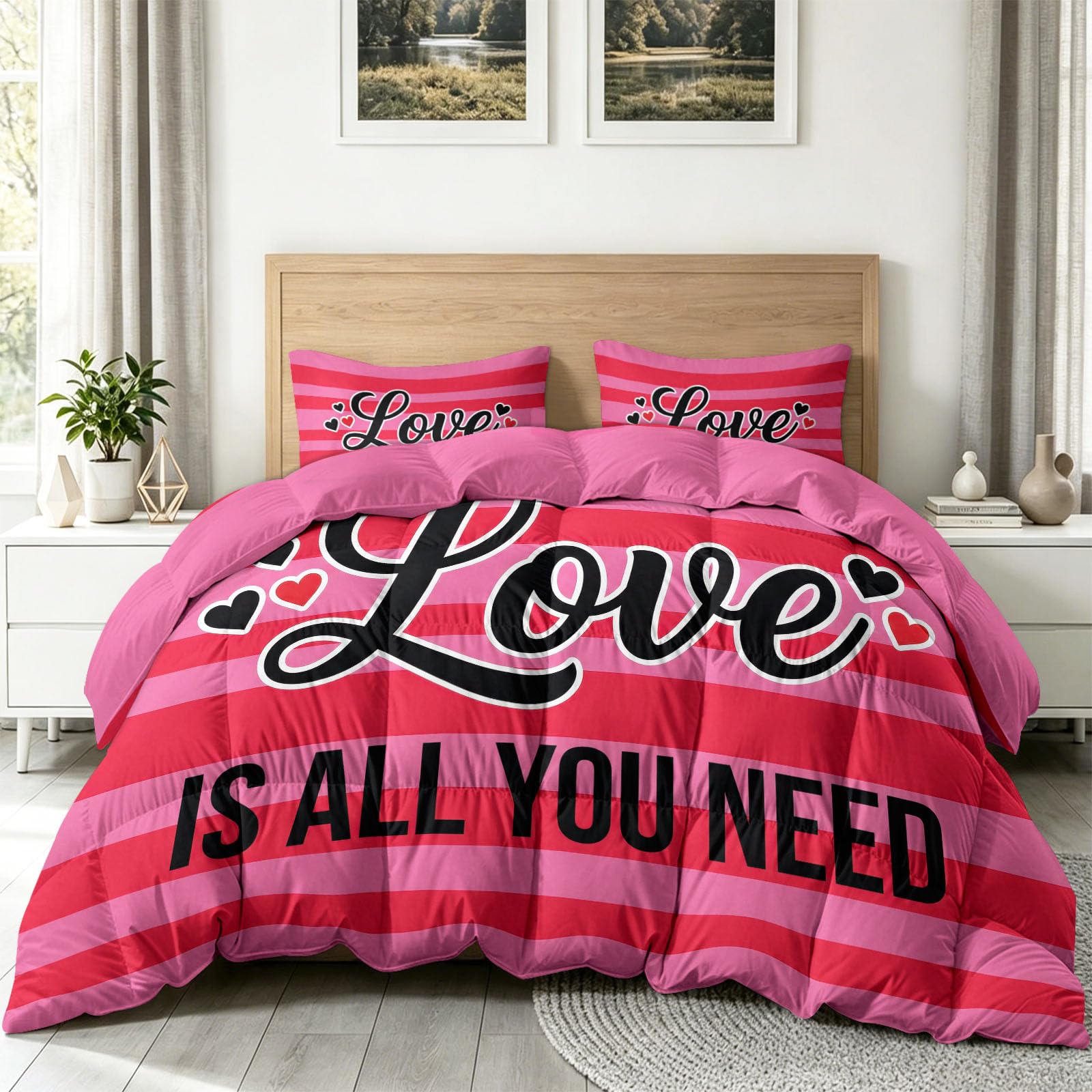 Couette 220x240 cm 4 Saisons Moderne Abstrait Imprimée | Édredon Réversible sans Housse Respirante, 2 Taies 65x65cm, Cœur Rayures, Couette Légère Microfibre Douce, Rose