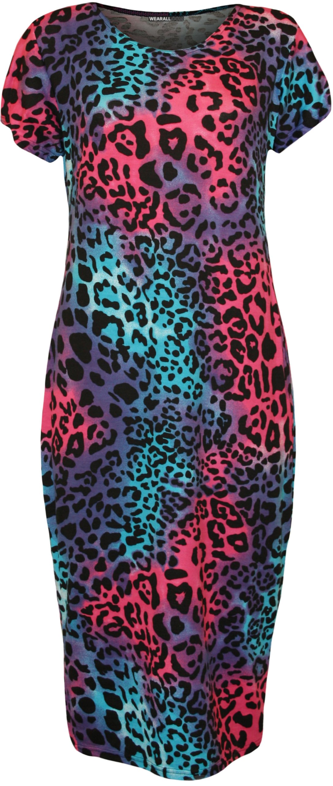 WearAll Womens Plus Size Print Short Sleeve Scoop Stretch Ladies Midi Dress - Turquoise Animal - 26-28
