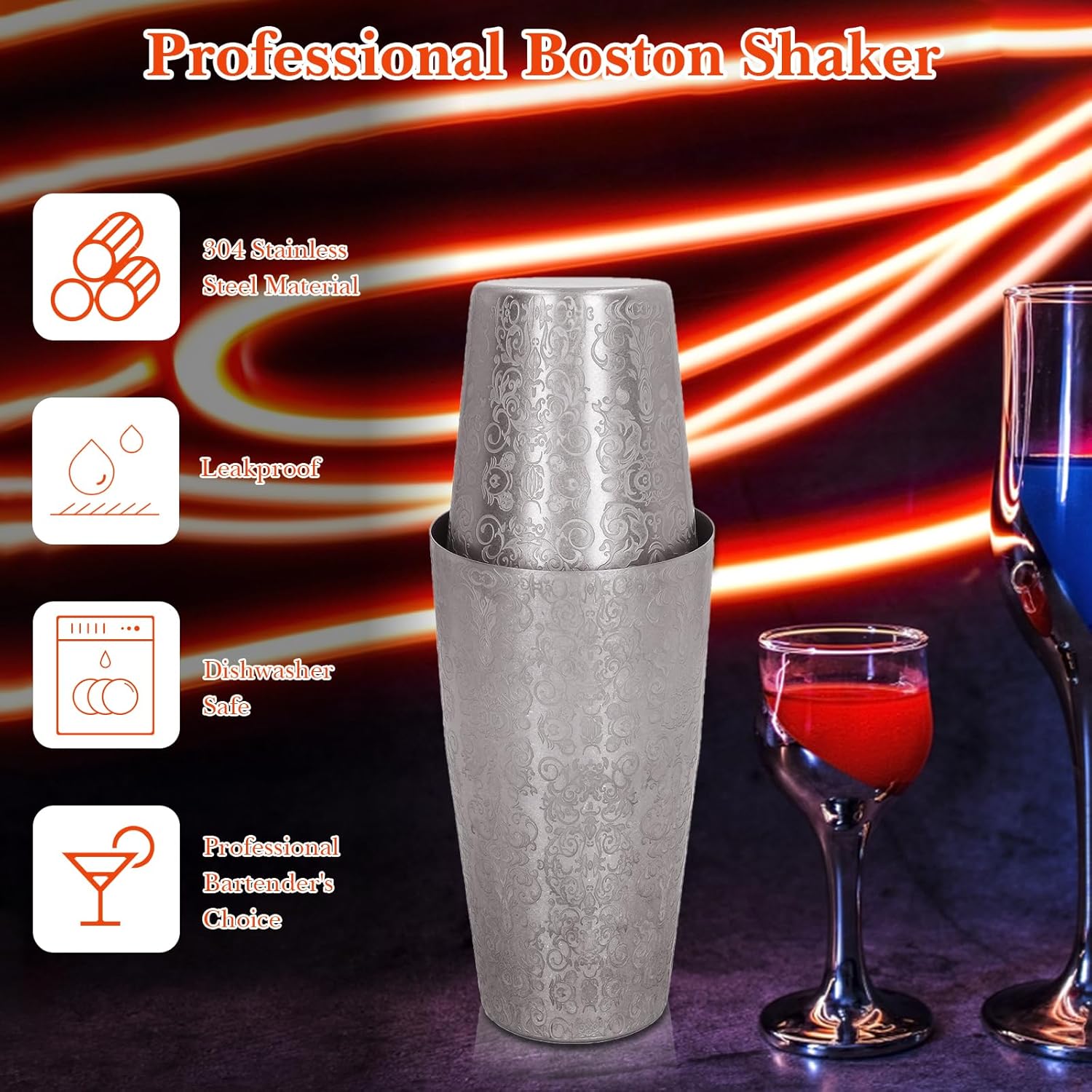 Boston Shaker with Etched Design, 304 Stainless Steel Weighted Cocktail Shaker Set – Professional Bartender Kit for Drink Making & Tropical Cocktails (2-Piece 14.32oz)