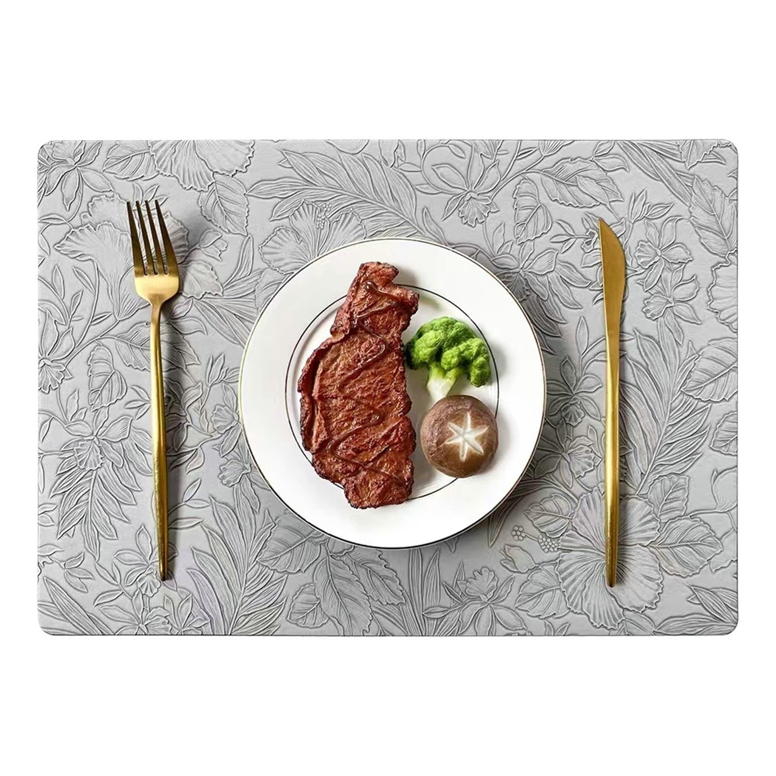 Placemat Juego de 10 manteles individuales, color gris claro, redondo, con estampado floral, 30 x 43 cm, para cocina y comedor