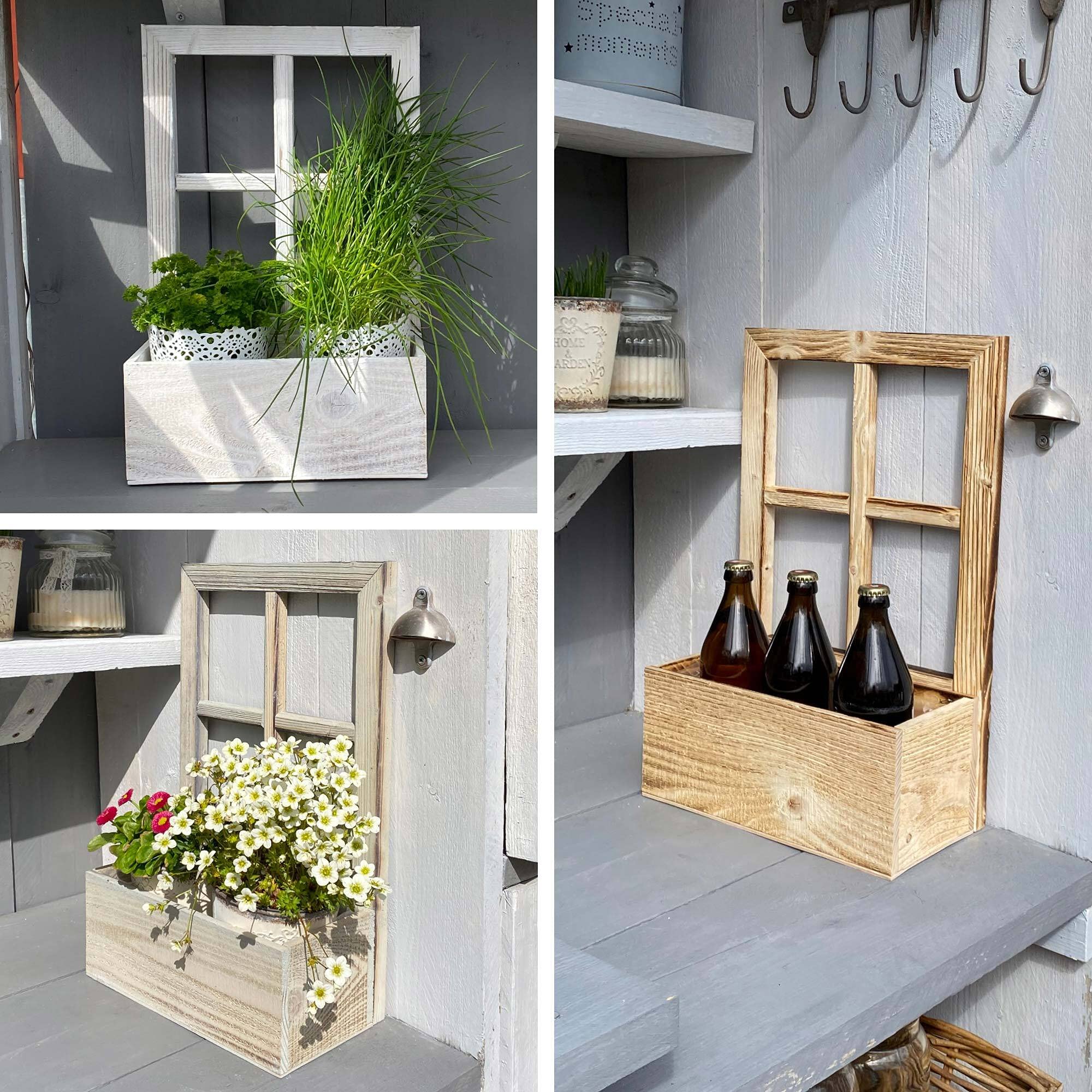UNUS Ventana de madera con banco de plantas, decoración de madera envejecida flameada, 2 unidades