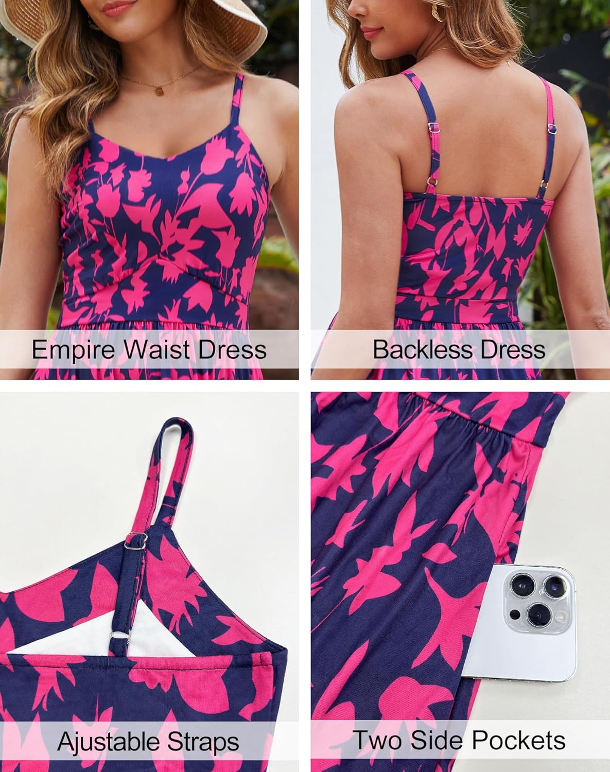 Zattcas Women's 2026 Summer Casual Floral Maxi Dress with Pockets Spaghetti Strap V Neck Empire Waist Beach Long Sundress - Image 6