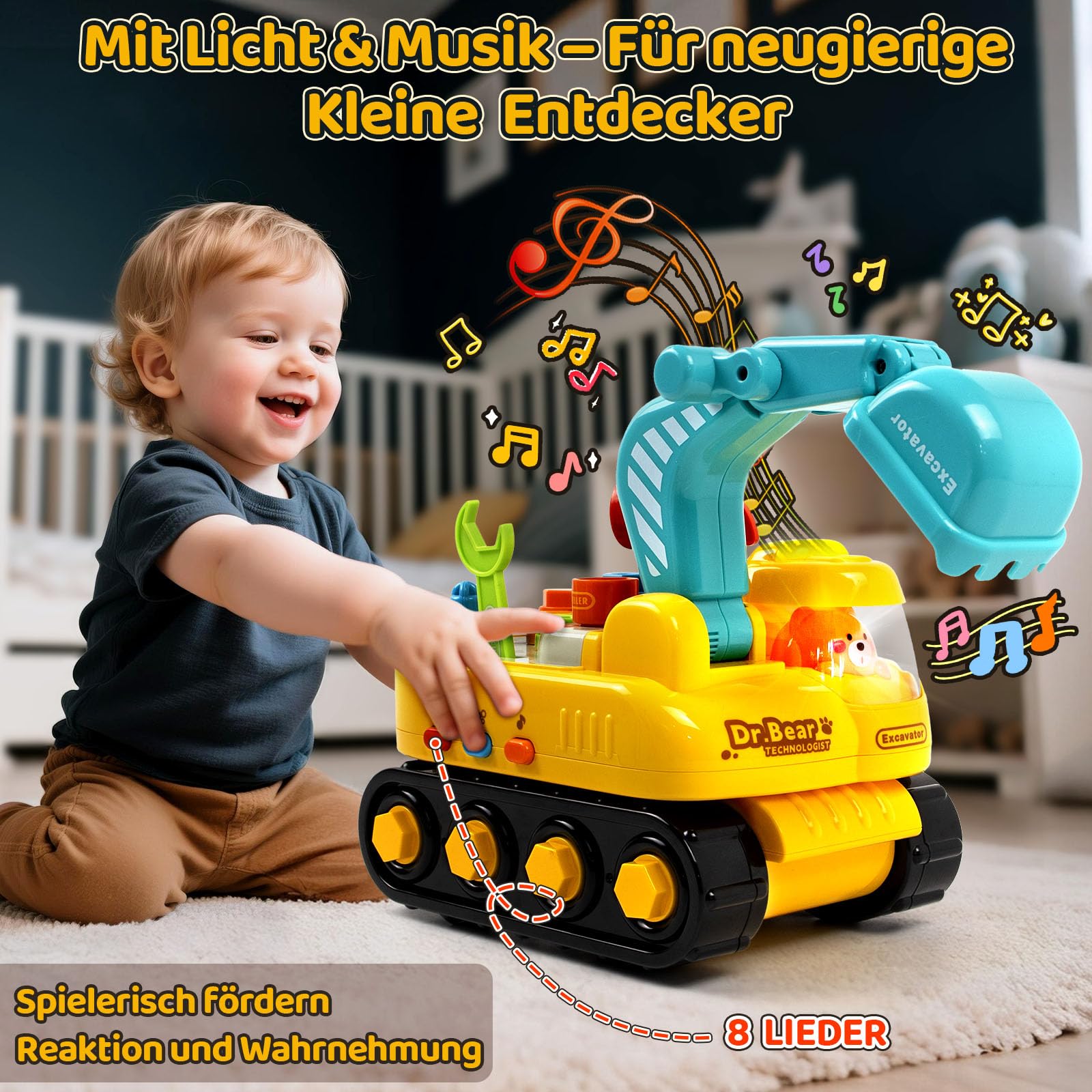 Marstone Spielzeug ab 2 Jahre, Werkzeug Kinder, Schraub Spielzeug ab 3 Jahre mit Werkzeug Elektrischem Bohrer, Montessori Bagger mit Musik Licht, Kinder Geschenk ab 2 3 4 5 Jahre Jungen Mädchen