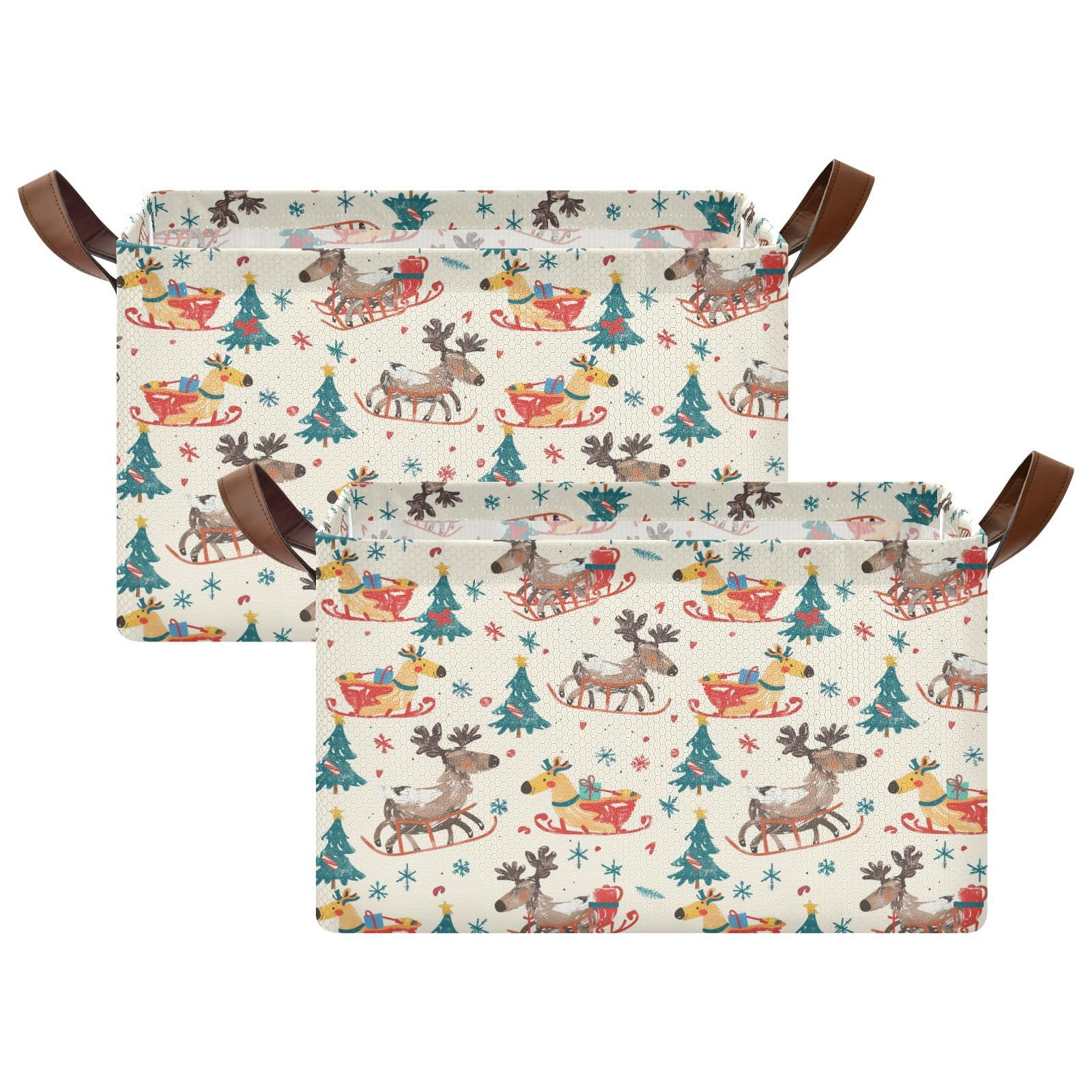 KLL Świąteczny łoś kreskówka uroczy kosz do przechowywania z uchwytami organizery domowe do sypialni, salonu, organizacji domu, 2 szt. cajas de almacenamiento para closet