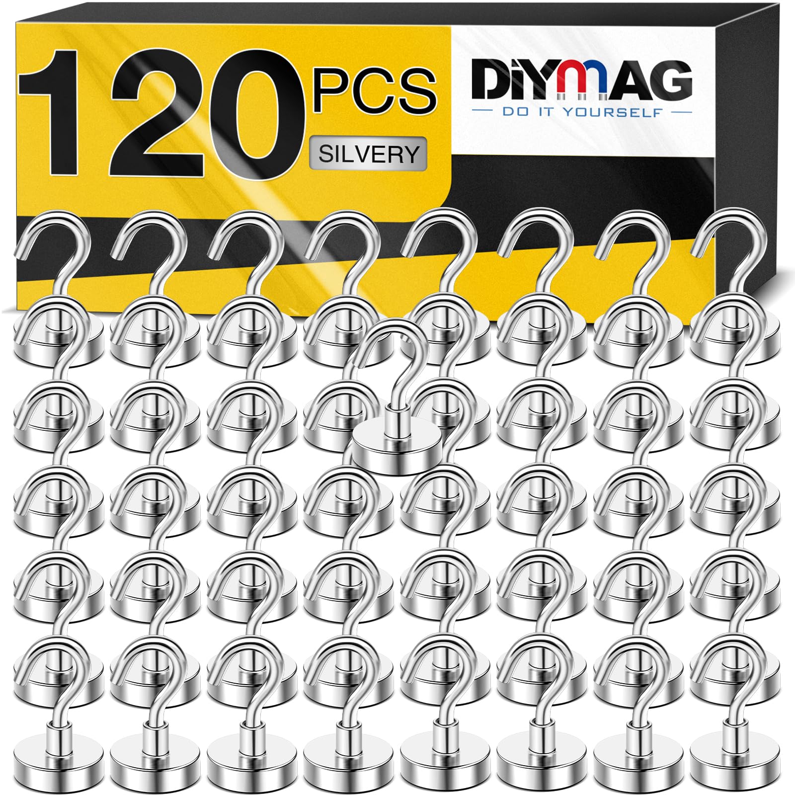 DIYMAG Magnetic Hooks, 30Lbs Silver Strong Heavy Duty Cruise Garage Magnet S-Hooks for Classroom, Fridge, Hanging, Cabins, Grill, Kitchen, Garage, Workplace and Office Etc, 120 Pack
