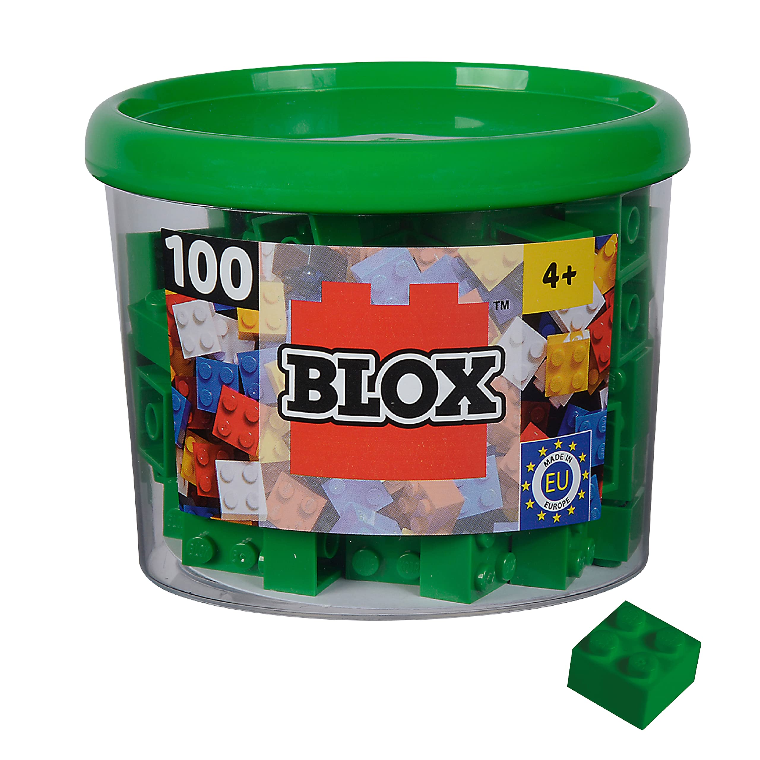Simba Blox, 104114532, 100 Green Building Blocks for Children from 3 Years, 4 Bricks, in Tin, Fully Compatible with Many Other Manufacturers
