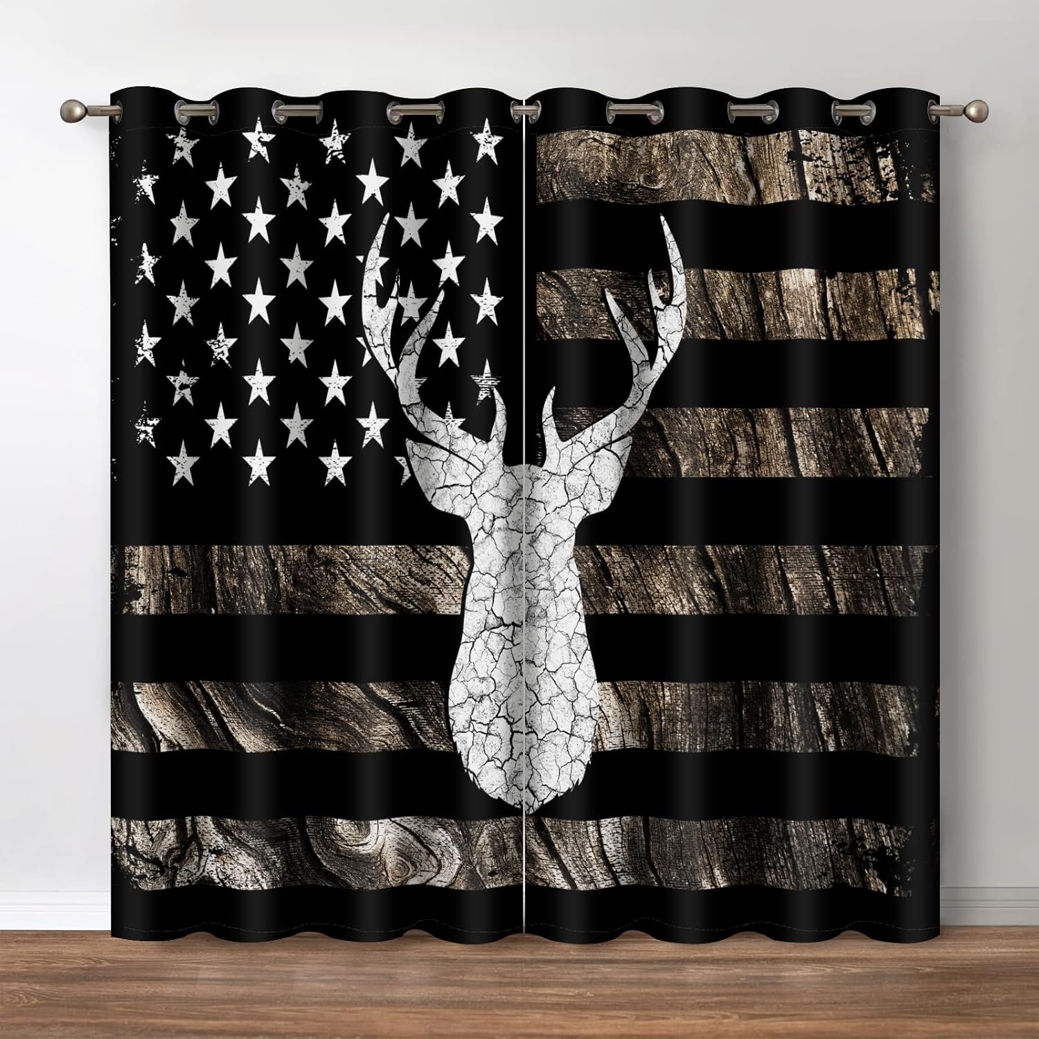Jekeno Rustic Deer Blackout Curtains, Farmhouse Moose US Flag Country Decor, Vintage