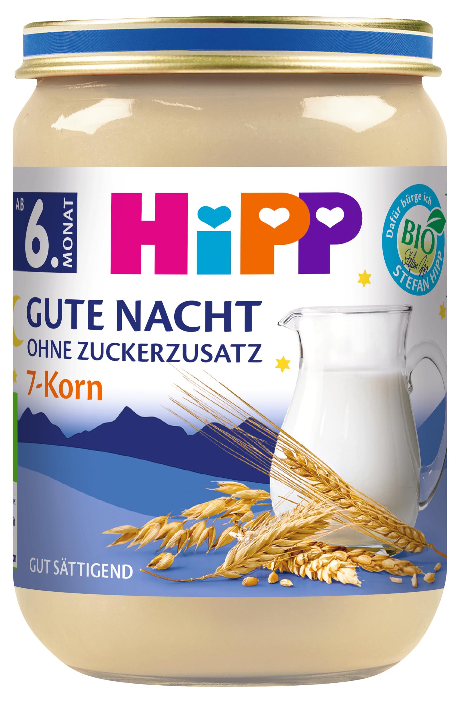 HiPP Gute Nacht 7-Korn (6 x 190g), Abendbrei ab 6. Monat, ohne Zuckerzusatz, gut sättigend, in bester Bio-Qualität