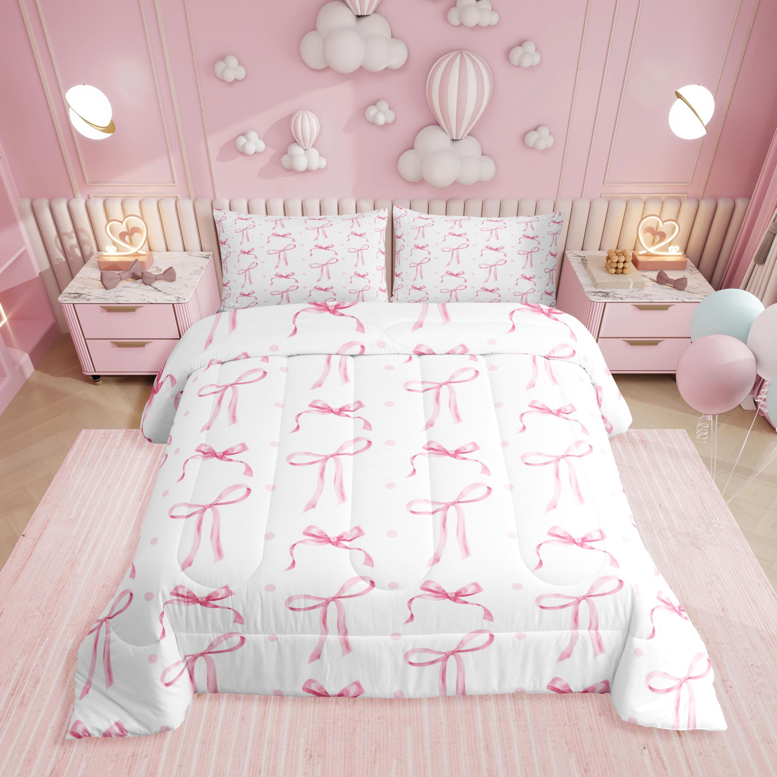 Erosebridal Pink and White Bow Comforter Set for Girls,Princess Pink Bows Toddler Bedding Set Room Decor,Sweet Dreamy Bowknot Quilt Set Pink Polka Dot Bedding Comforter Sets,1 Pillowcase