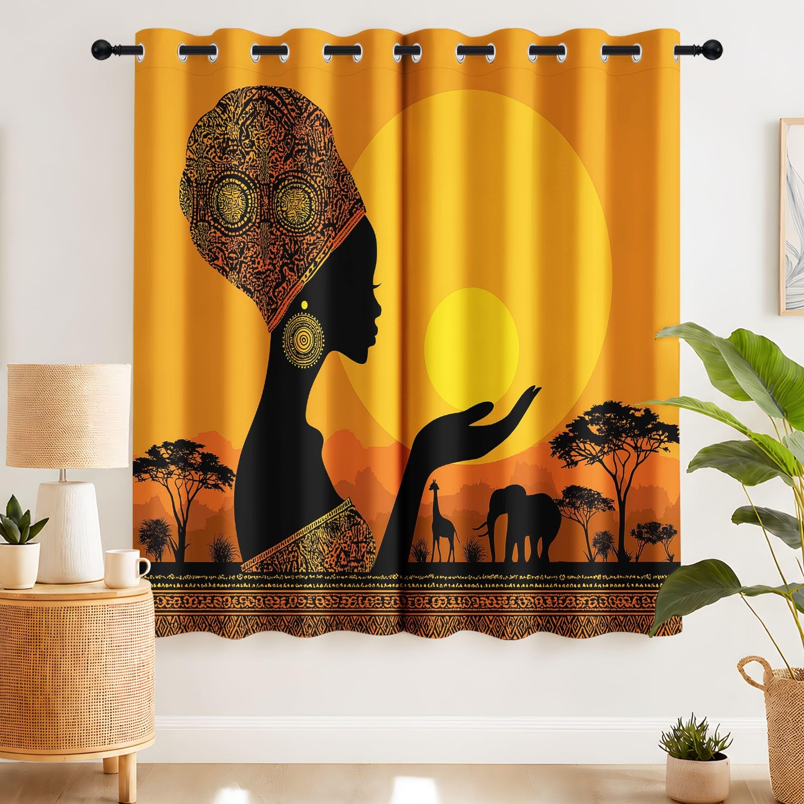 Rideau Thermique Style Africain, Rideau Occultant Fille Silhouette Coucher de Soleil L 110 x H 215 cm, Rideaux et Draperies Intérieurs à Oeillets Rideau, Rideaux Chambre Salon Fenetre,