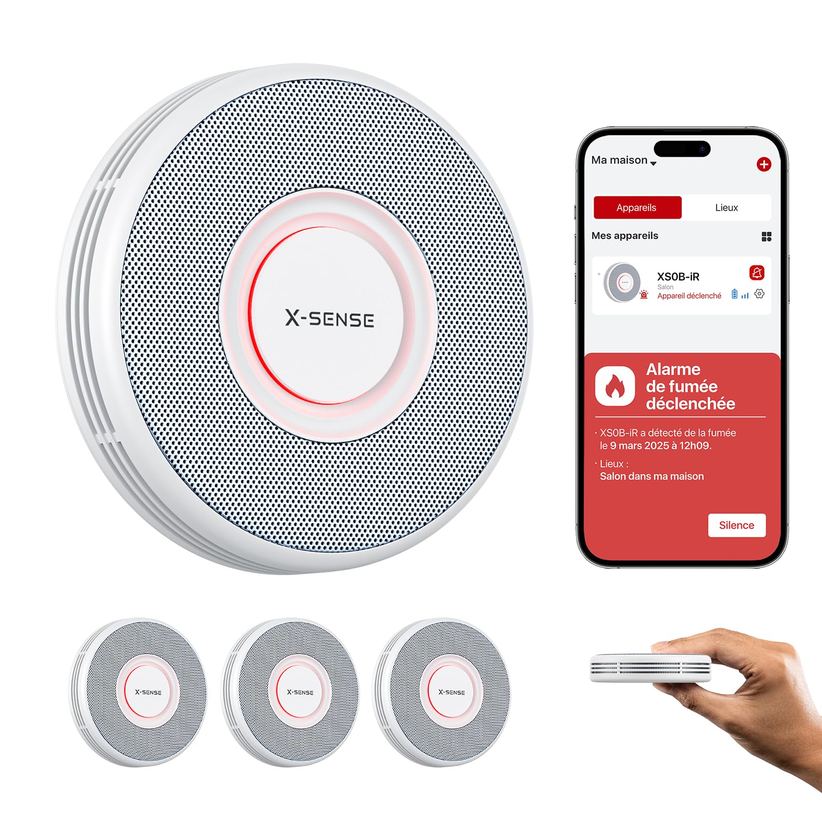 X-Sense X-Sense Détecteur de Fumée Connecté Wi-FI, Alarme Incendie avec Alertes Vocales en Français, 17 Emplacements, Batterie Remplaçable, Épaisseur 33 mm, XS0B-iR, Lot de 3