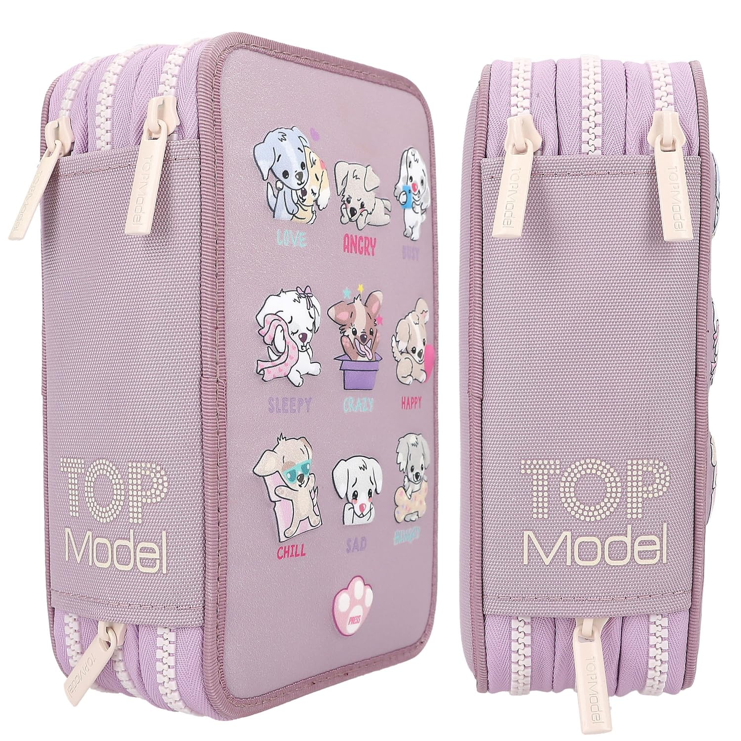 Depesche 12843 TOPModel - Astuccio a 3 Scomparti in Viola, con Motivi LED e Cani, con matite Colorate, Righello, Forbici e Molto Altro.