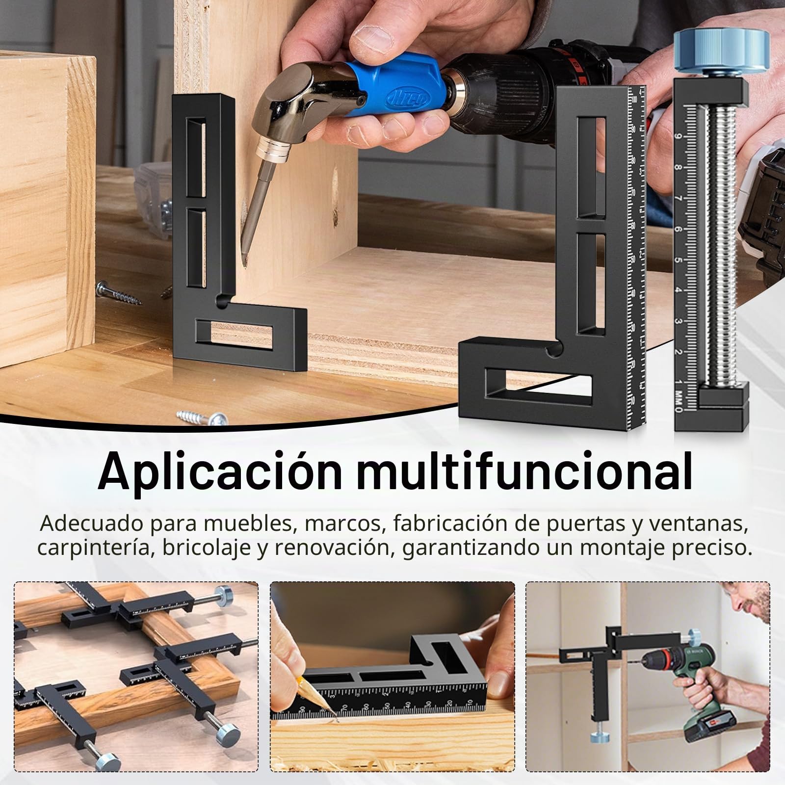 Escuadra de Posicionamiento 90°, Juego de 4 Piezas Fabricada en Aleación de Aluminio Sargentos de Apriete con 8 Ajustadores de ángulo Herramientas para Carpintería Bricolaje y Manualidades