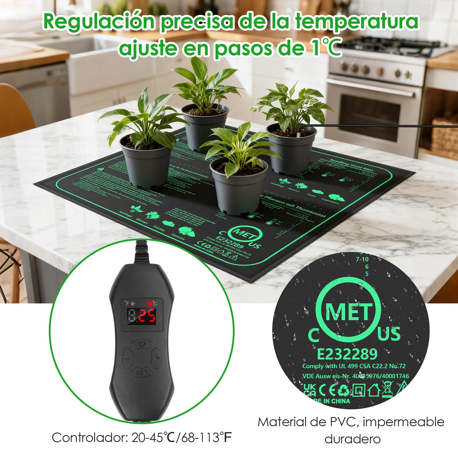 Alfombra Calefactora 70W con Termostato, 52×50cm Estera Térmica IPX4 Impermeable con Cable de Silicona y Algodón Punzonado, Temperatura Ajustable 20-45 °C para Semillas, Plantas y Reptiles