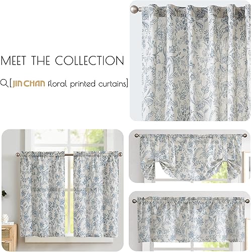 Miniatura 8 de JINCHAN Cortinas florales de lino para sala de estar, cortinas azules de granja de 96 pulgadas de largo, cortinas de campo que filtran la luz,