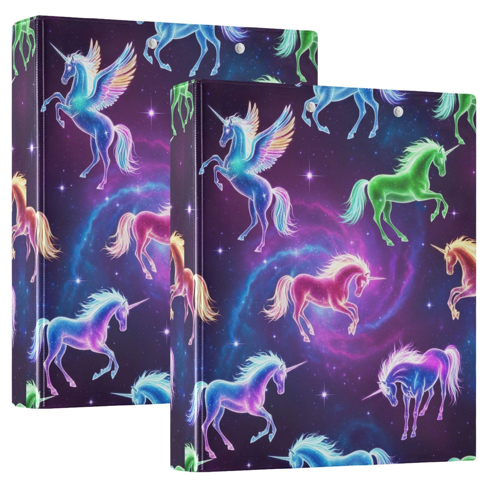 Unicorns - Carpeta de 3 anillos morados, carpeta de anillos en D, paquete de 2 | Con portapapeles y bolsillos, para escuela, universidad, oficina