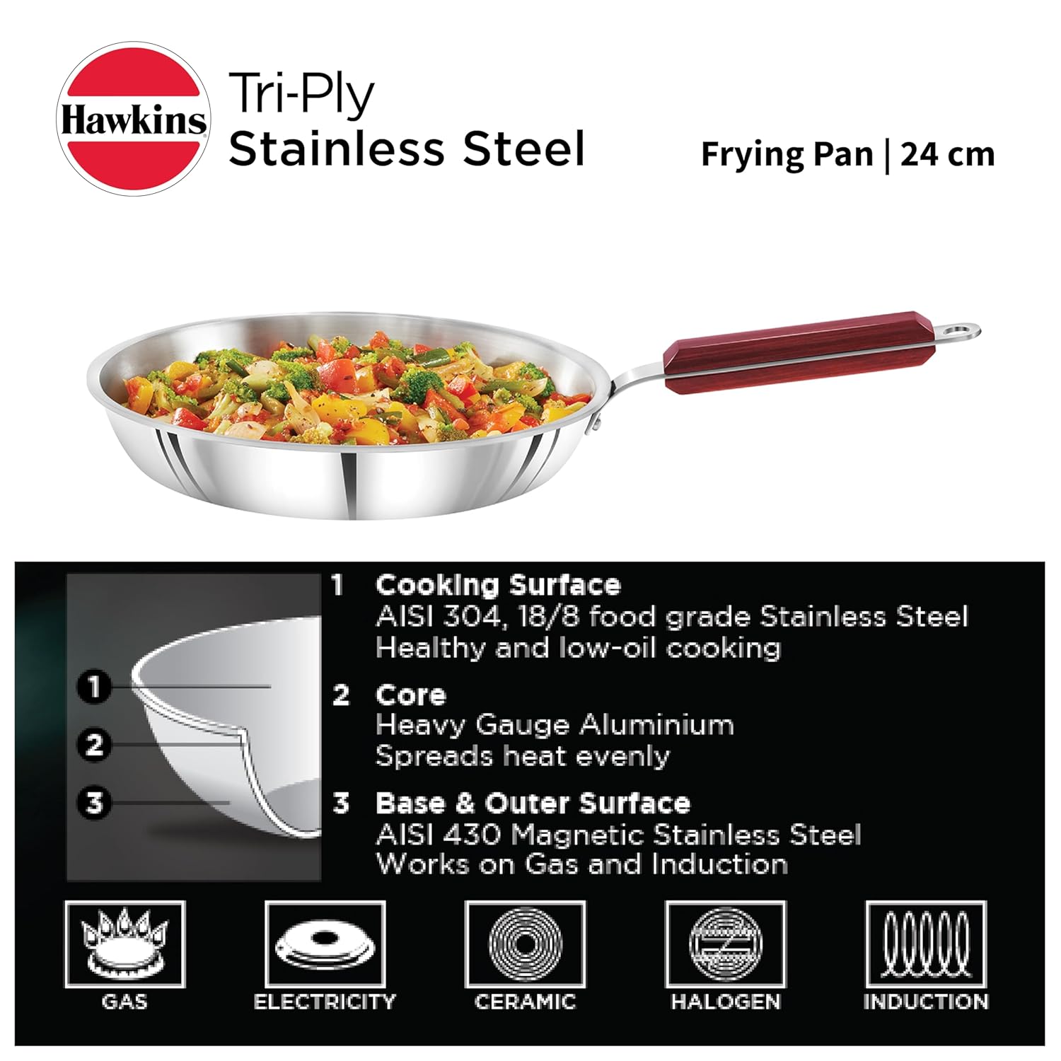 Hawkins 24 cm Frying Pan, Triply Stainless Steel Fry Pan, Induction Frying Pan, Frypan, Silver (SSF24)