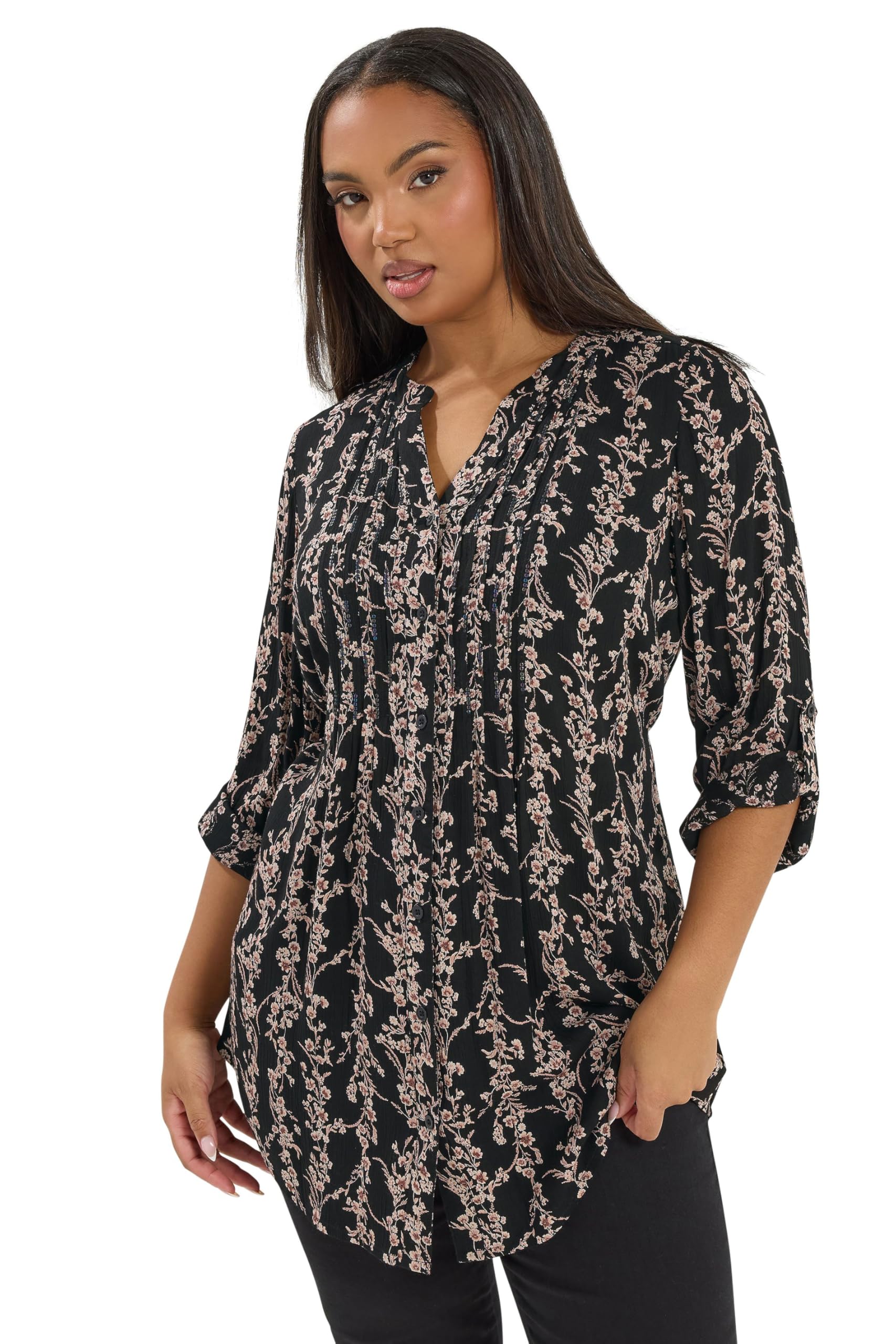 Yours Women's Black Curve Sequin Floral Pintuck Blouse - Plus Size Curve
