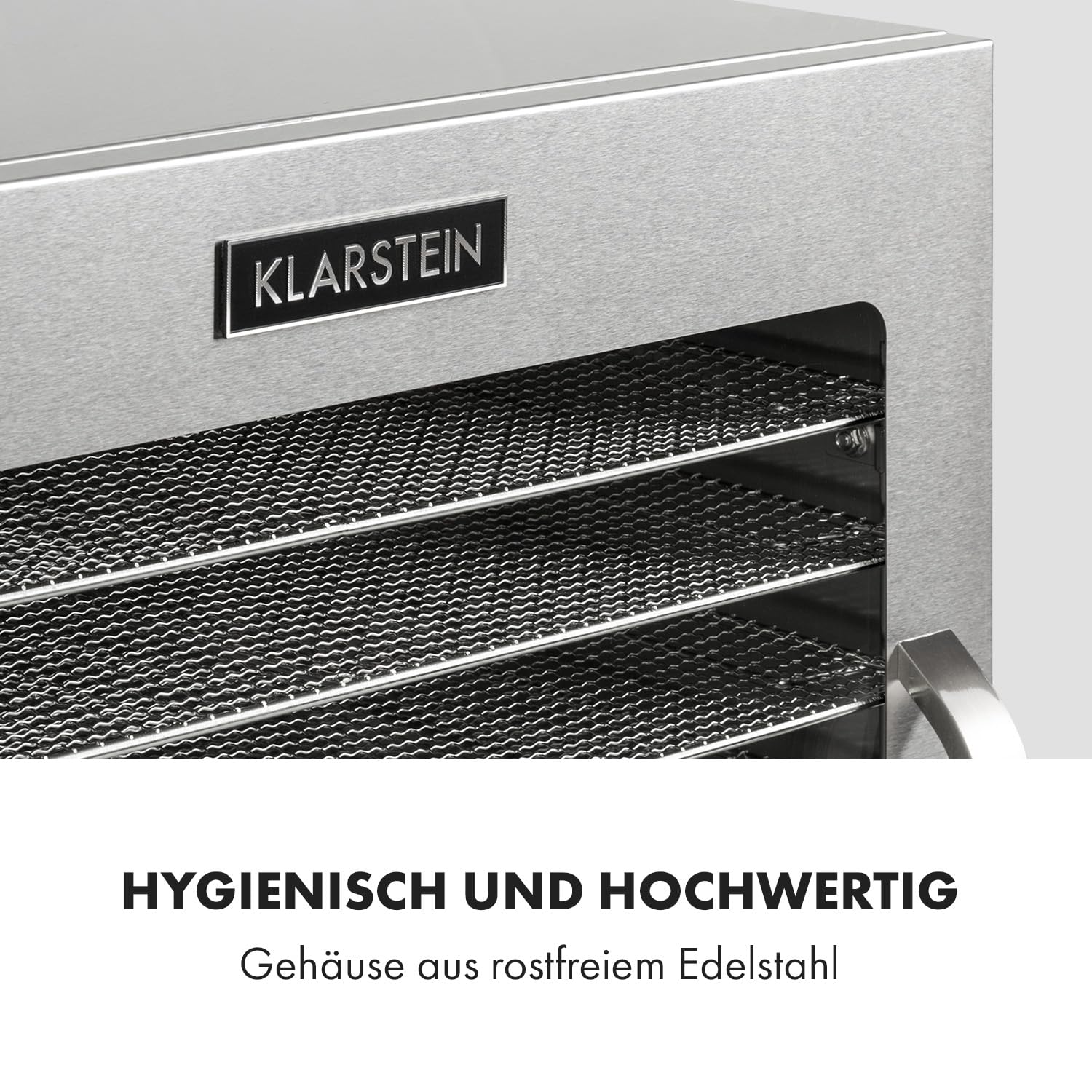 Klarstein Captain Jerky 110 Dörrautomat, 1000 W, Temperatur: 30-90 °C, 24-Stunden-Timer, BPA-frei, Touch-Bedienfeld, 10 Einschübe, Glastür, Edelstahl Dörrgerät für Obst, Gemüse, Auffangblech, silber