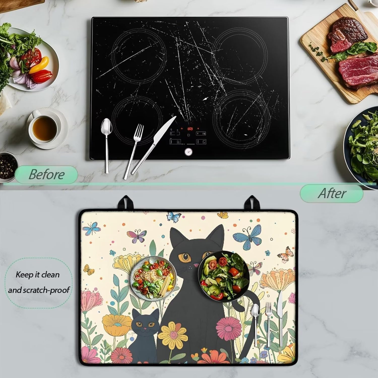 Cartoon Black Cat Floral Butterfly Print Stove Top Covers for Electric Stove 29.18 x 20.96 inch Stovetop Protector Pad Waterproof Glass Cooktop Cover for Flat RV Range Kitchen