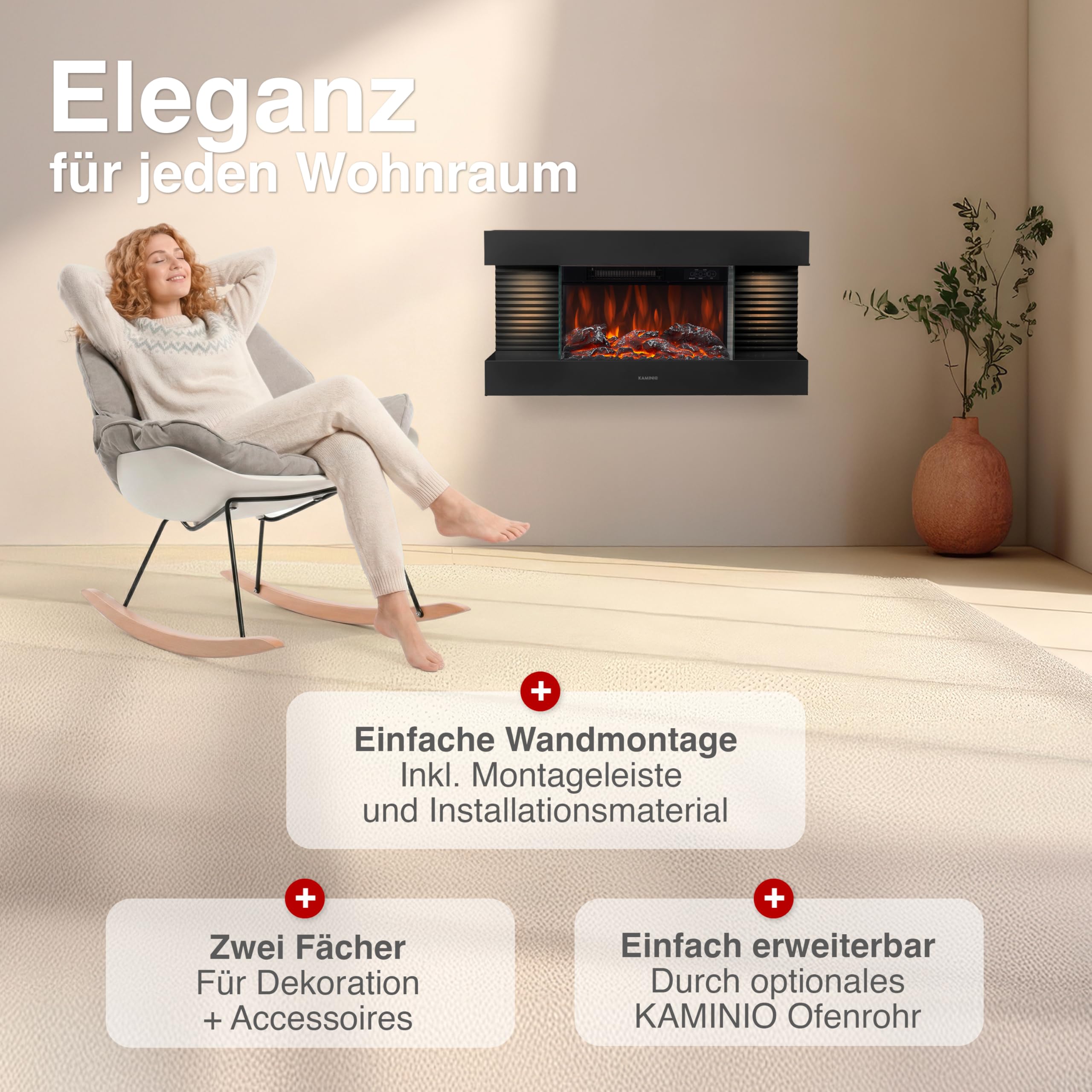 KAMINIO Elektrokamin Liz - Elektrischer Wandkamin mit Heizung, 3D-Flammeneffekt, LED-Ambientelicht, Fernbedienung (Schwarz)