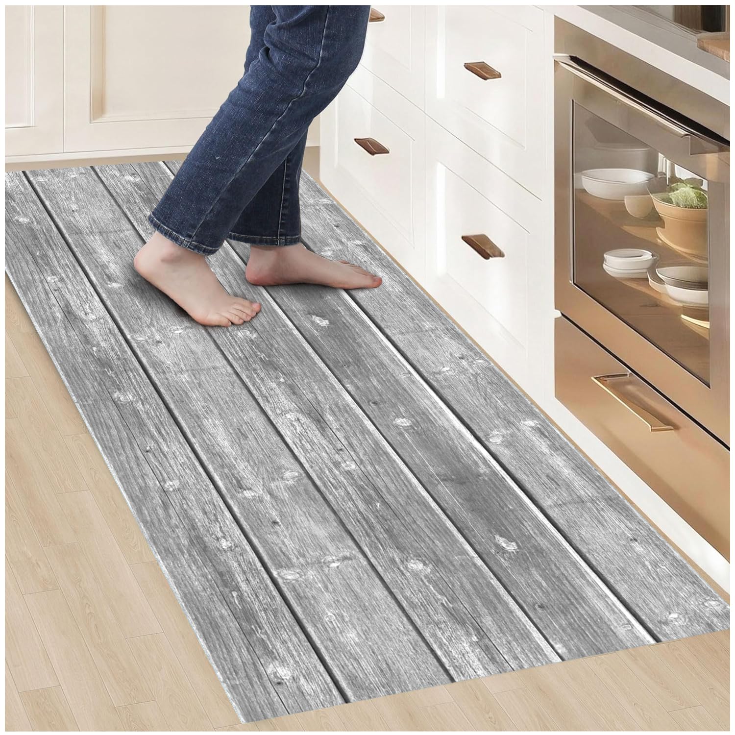 Alfombras Vinilicas Efecto Parquet Gris 180 x 60 - Alfombra Vinilica Cocina Resistente y Antitropiezos - Alfombra Cocina Lavable Antideslizante para Interior/Exterior - Alfombras de Vinilo Esponjosas
