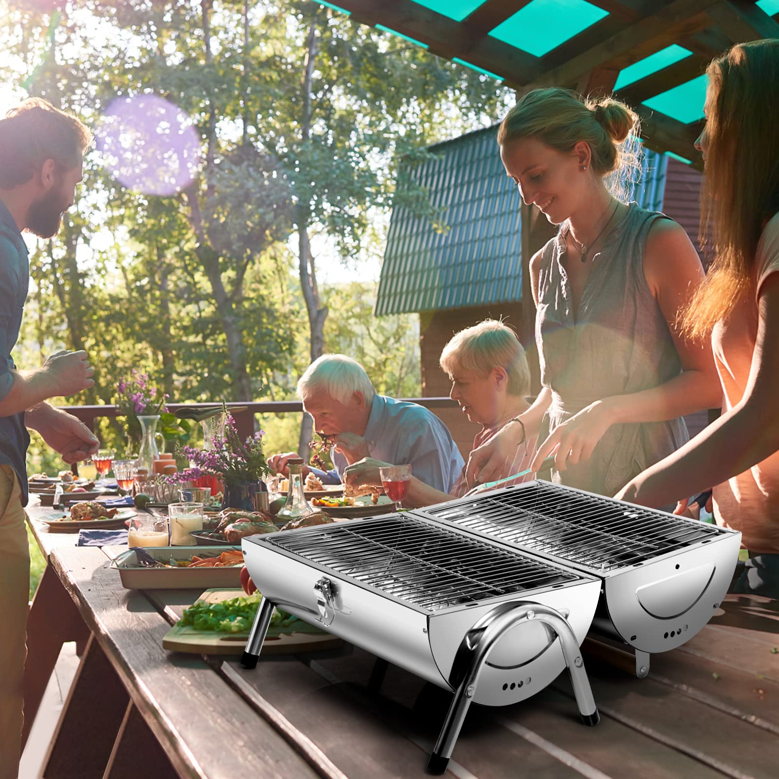 Edelstahl Klappgrill Holzkohlegrill, BBQ Grill Doppel Grillfläche 34x21.5 cm, Tischgrill Campinggrill für Outdoor Kochen, Camping und Picknick