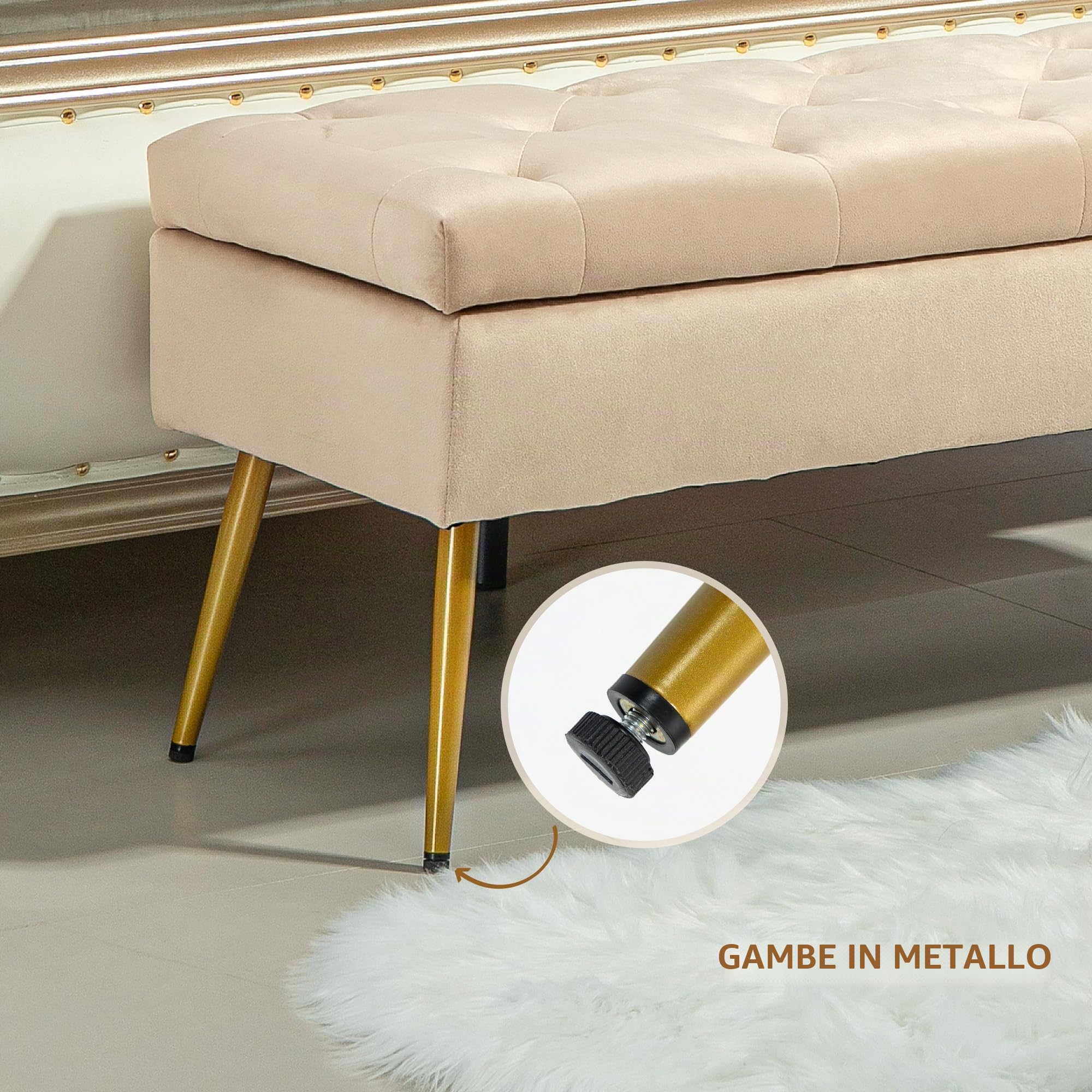 HOMCOM Panchina portaoggetti con coperchio, velluto, 102x35x43cm, Beige | Panchina imbottita, panca letto per corridoio, camera da letto, soggiorno, telaio metallico.