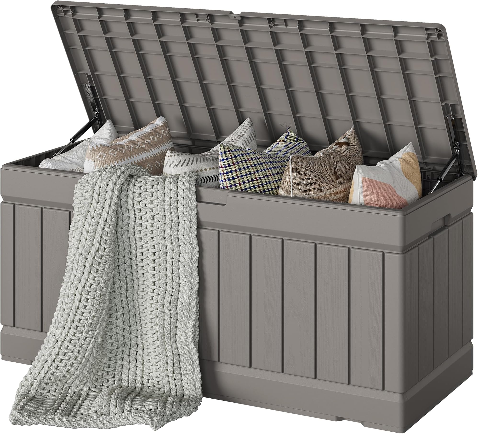 Devoko 78 Gallon Deck Box, Waterproof Resin Outdoor Storage Box for Outside and Patio, Outdoor Storage Bench Lockable for Patio Furniture, Garden Tools and Pool Supplies (Light Brown, 78 Gallon)