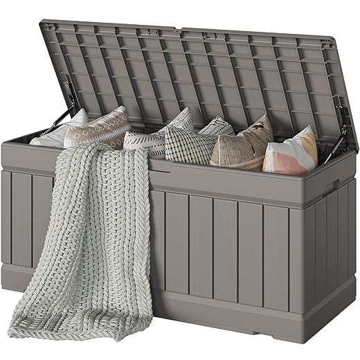 Devoko 78 Gallon Deck Box, Waterproof Resin Outdoor Storage Box for Outside and Patio, Outdoor Storage Bench Lockable for Patio Furniture, Garden Tools and Pool Supplies (Light Brown, 78 Gallon)