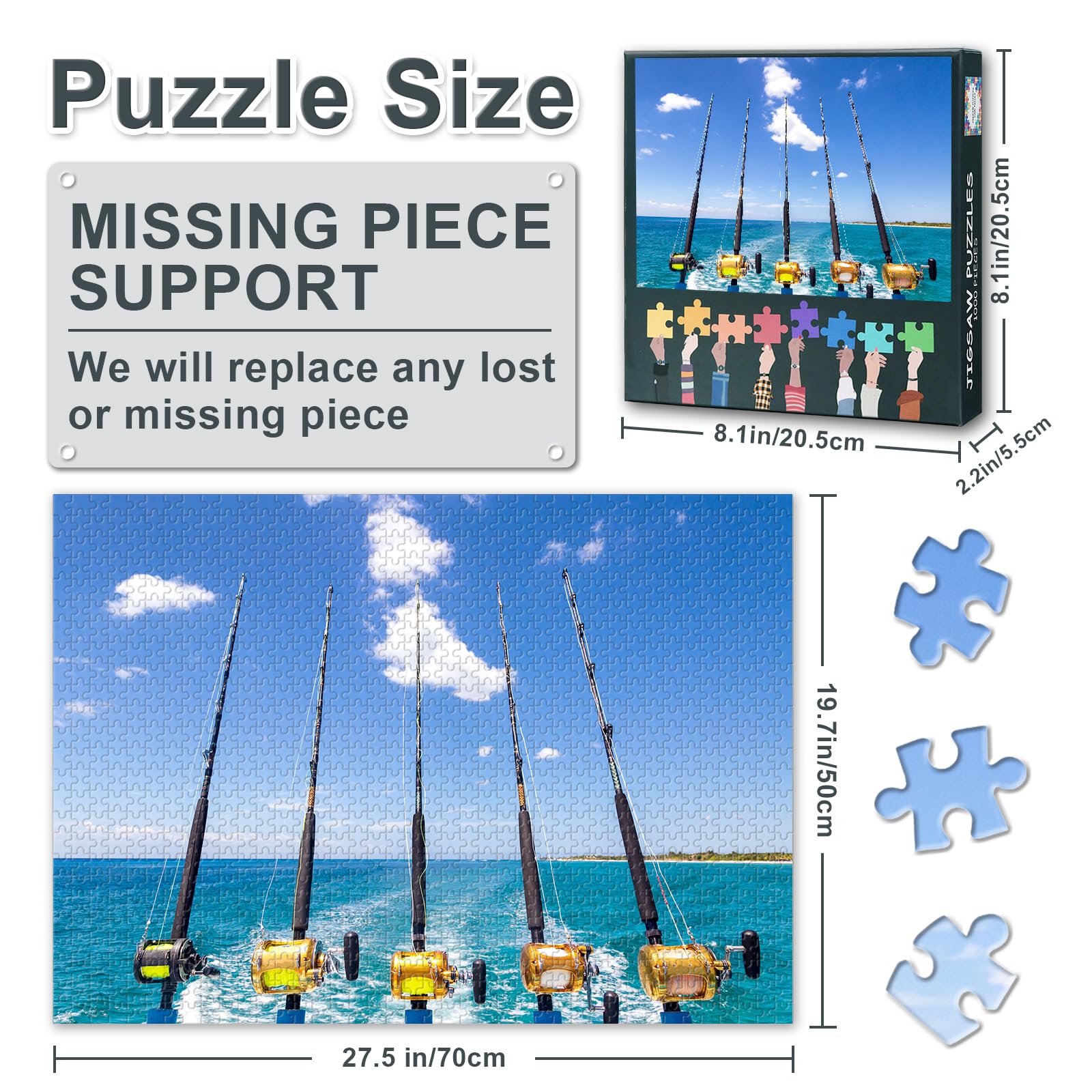 Jigsaw Puzzle 1000 Pieces for Adults Blue Ocean Seascape with Fishing Rods and Reels Coastal Wall Art Nautical Decor Beach House Puzzle Challenge 27.5 x 19.7 Inches - Image 3