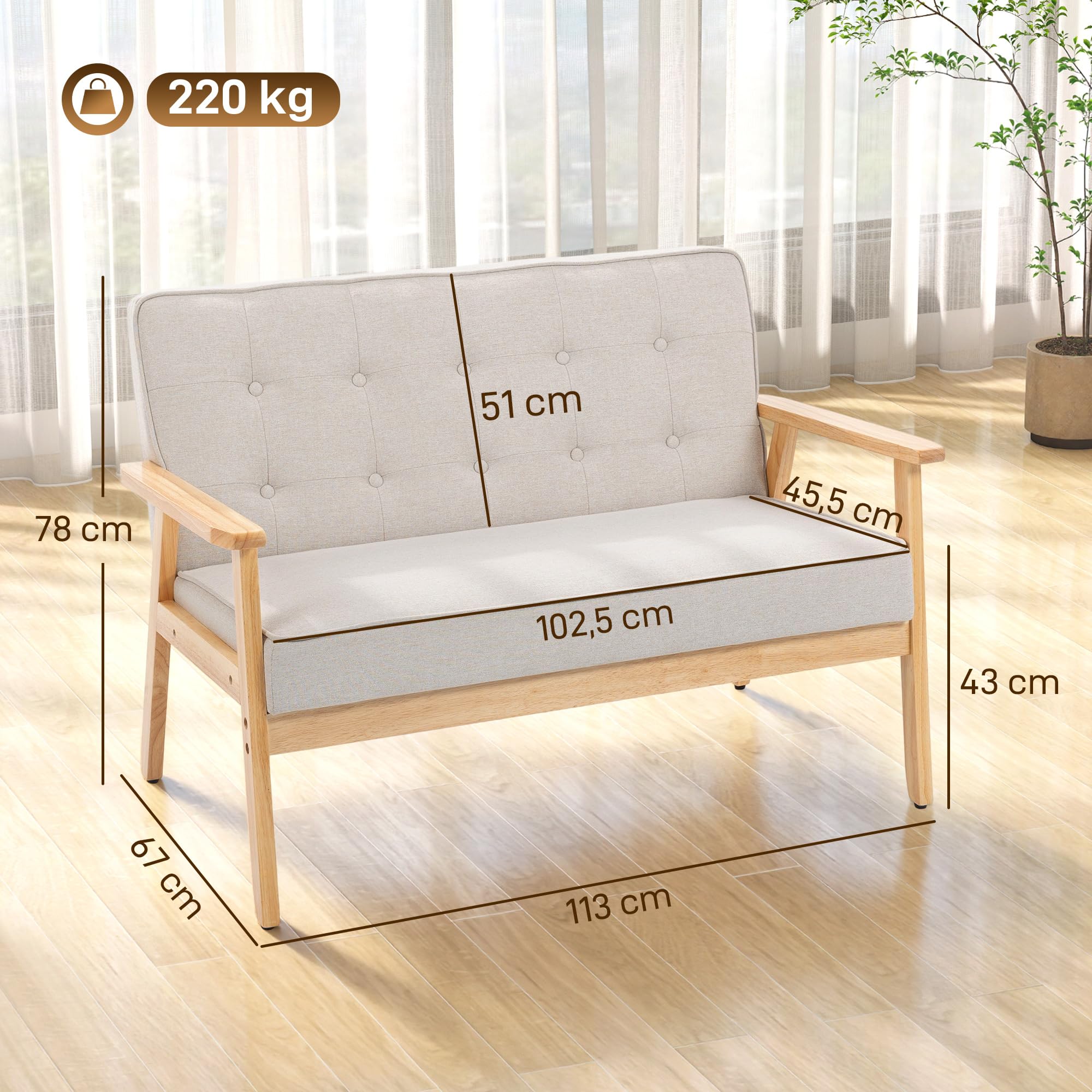 HOMCOM Sofá de 2 Plazas, Tapizado en Lino Sintético, Sofá Nórdico con Patas y Reposabrazos de Madera de Caucho, Respaldo Acolchado, para Salón, Dormitorio, Oficina, Sala de Estar, 113x67x78 cm, Beige
