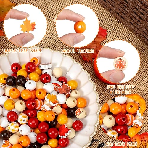 Miniatura 5 de Ripeng 200 cuentas de madera de otoño para Acción de Gracias, naranja, cuentas para manualidades, calabaza, hoja de arce, gnomo, a cuadros,