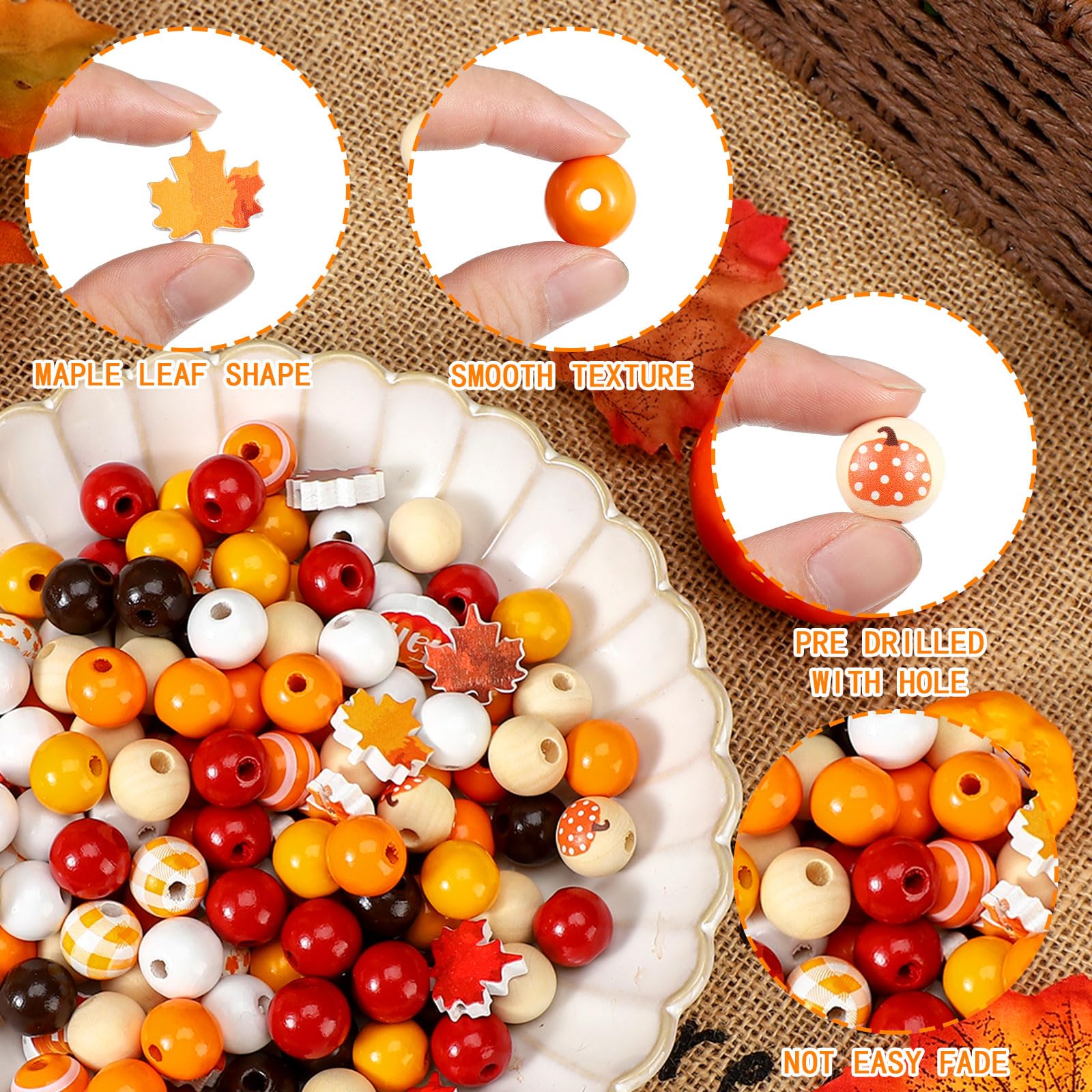 Waline Herbst-Ahornblatt-Holzperlen, 200 Stück In 4 Farben, Mit Hanfseil, Für Deko & Basteln, 20 Mm Durchmesser