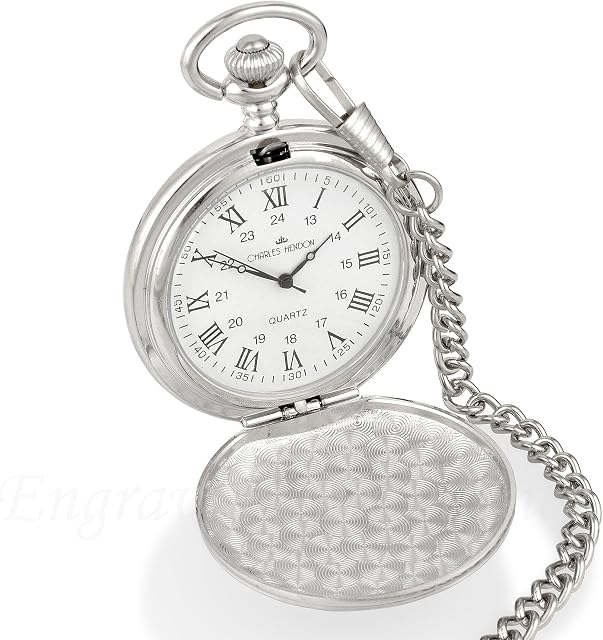 Personalised Engraved Pocket Watch with Roman Numbers and Spare Battery Gold or Silver, with Satin Box or Without, with Free Engraving