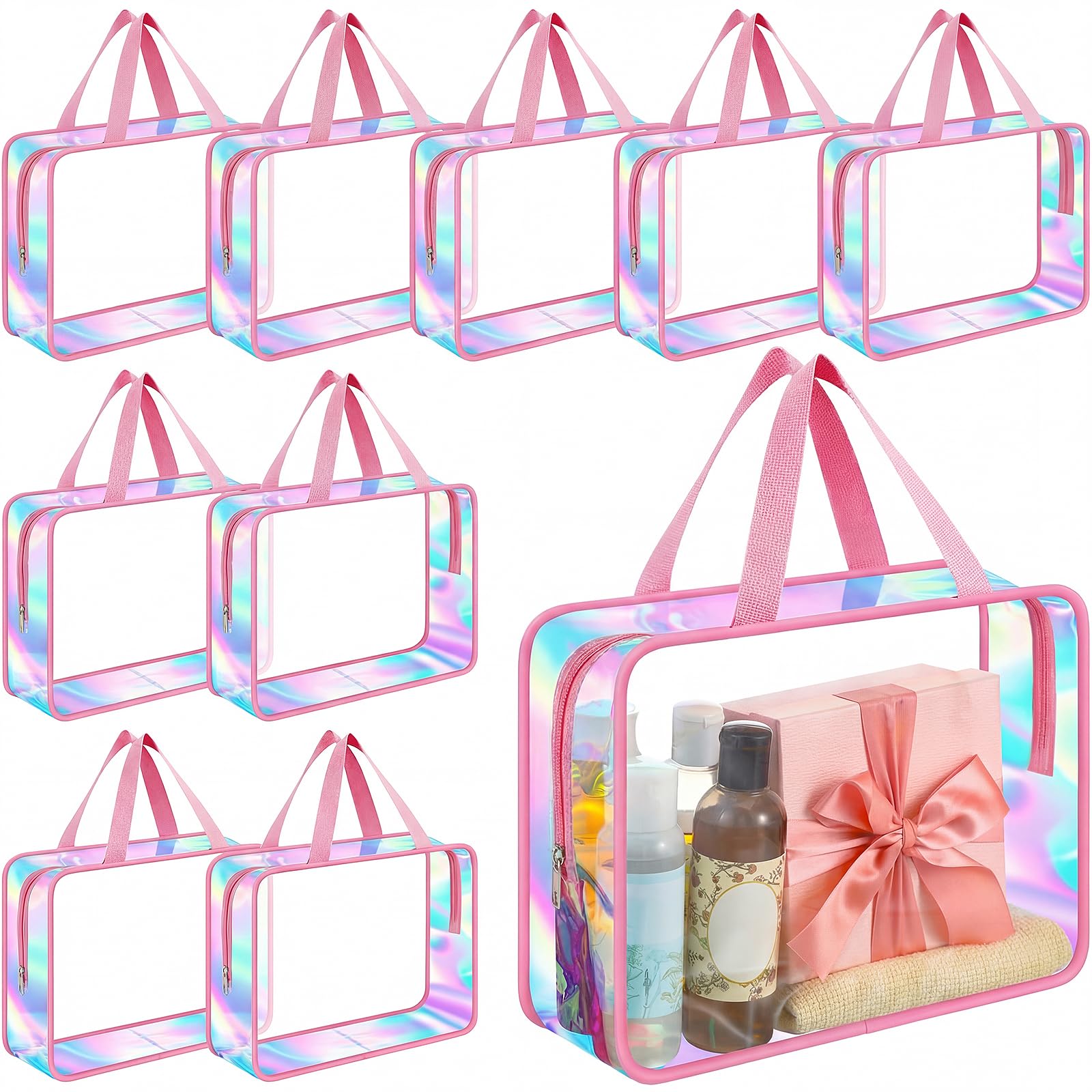 Sweetude Kulturbeutel mit Griff, groß, transparent, für Reisen, schillernd, Strand, Make-up-Tasche, PVC, transparent, für Kosmetik, Kleidung, Aufbewahrung für Damen und Herren, Pink, 12.2 x 3.94 x