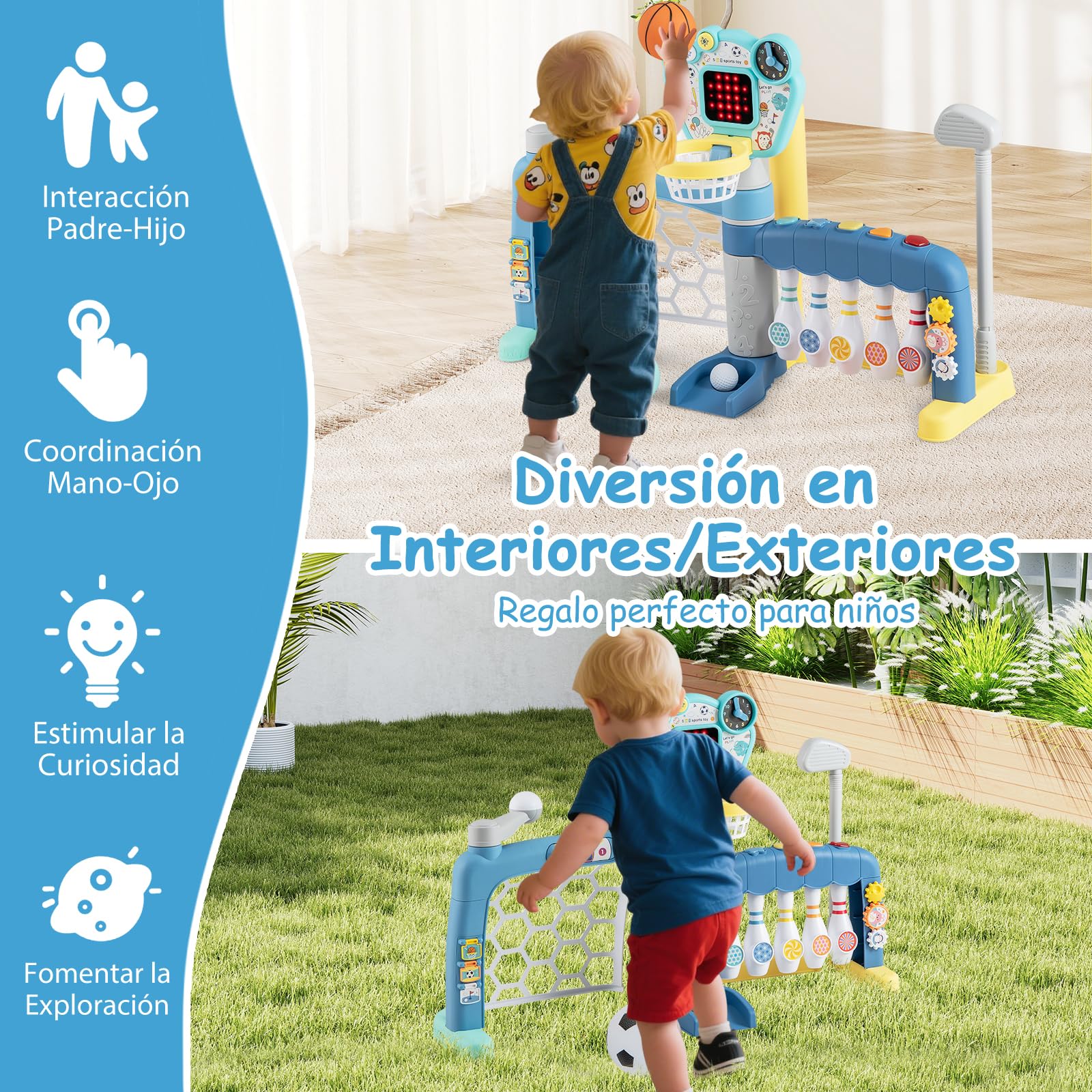 GOPLUS Juguetes Deportivos para Niños, Centro de Actividades 5 en 1 con Baloncesto, Fútbol, Bolos, Béisbol y Golf con Luces y Sonidos, para Niños de 1-3 Años