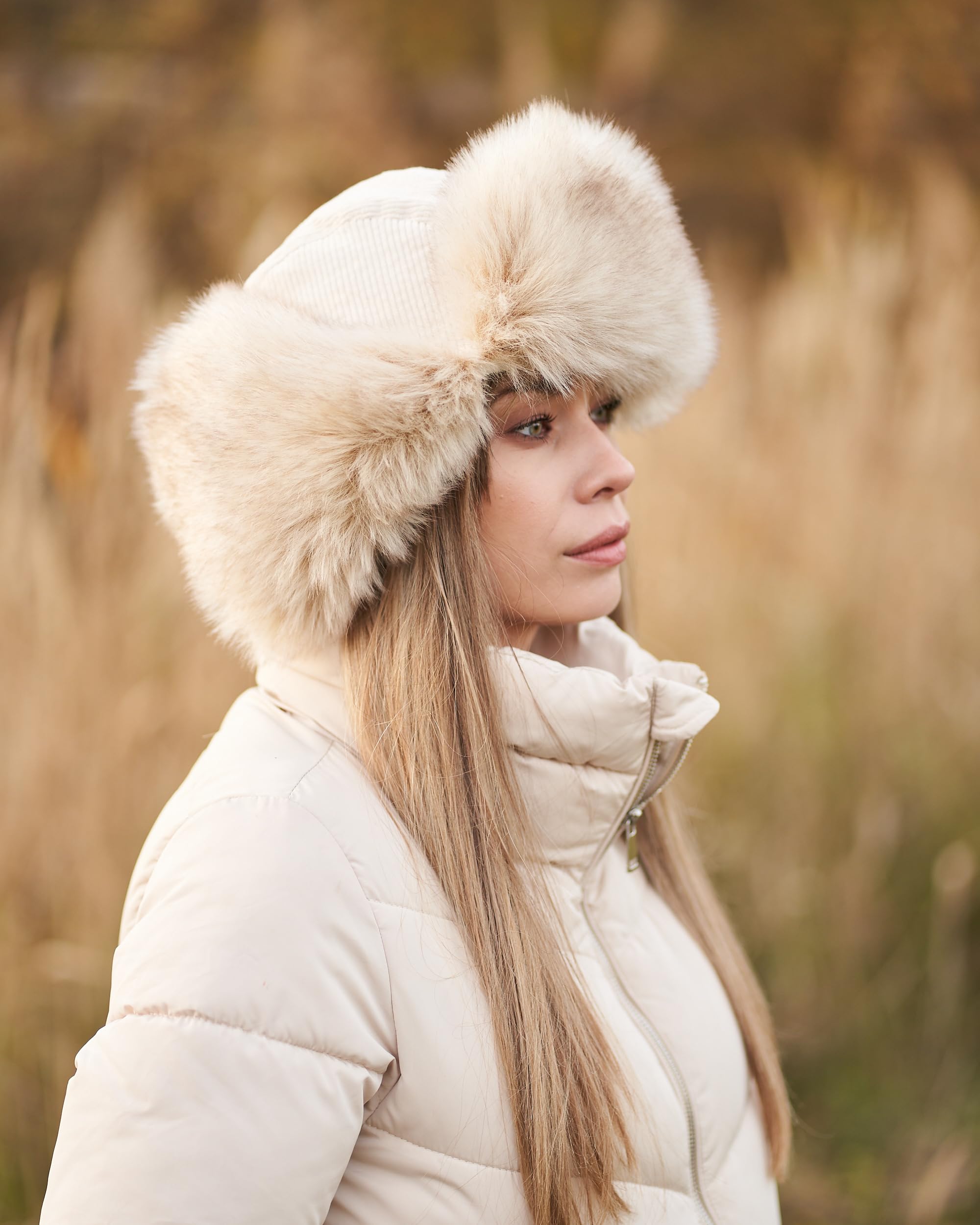 Futrzane Trappermütze aus Cord - Ushanka Damen - Winter Mütze mit Ohrenklappen