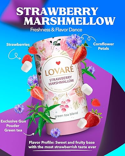 Miniatura 2 de LOVARE Té de hojas sueltas de malvavisco de fresa, 2.82 oz, hecho en Ucrania, té verde, fresa, pétalos de aciano, caja de regalo con 15 filtros de