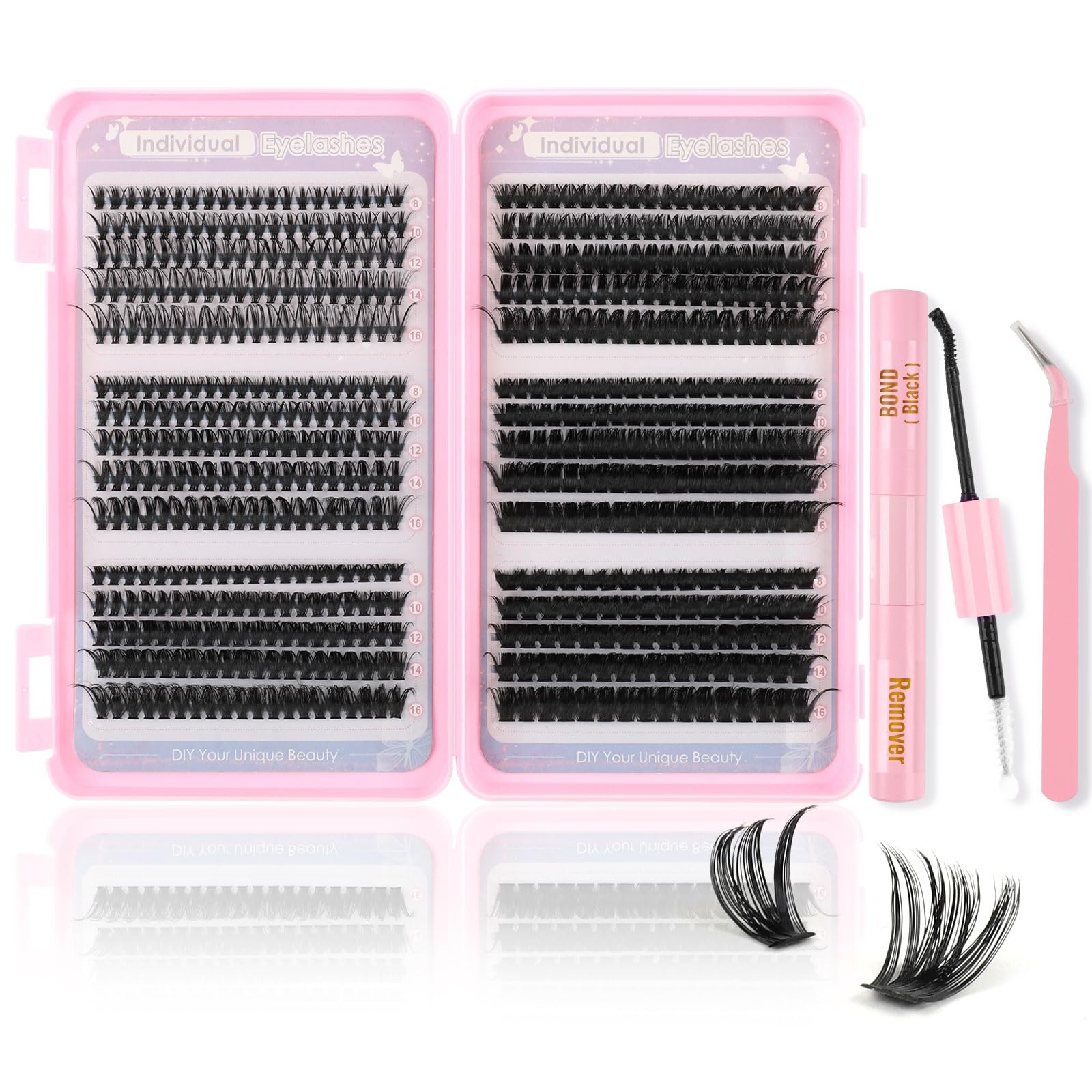 Silkiwinki Individuel Eyelashes Set 580PCS Natural Cluster Lashes Book with Bond&Remover and Lash Tweezers D Curl False Lashes 8-16MM(30D+40D+50D+60D+80D+100D)