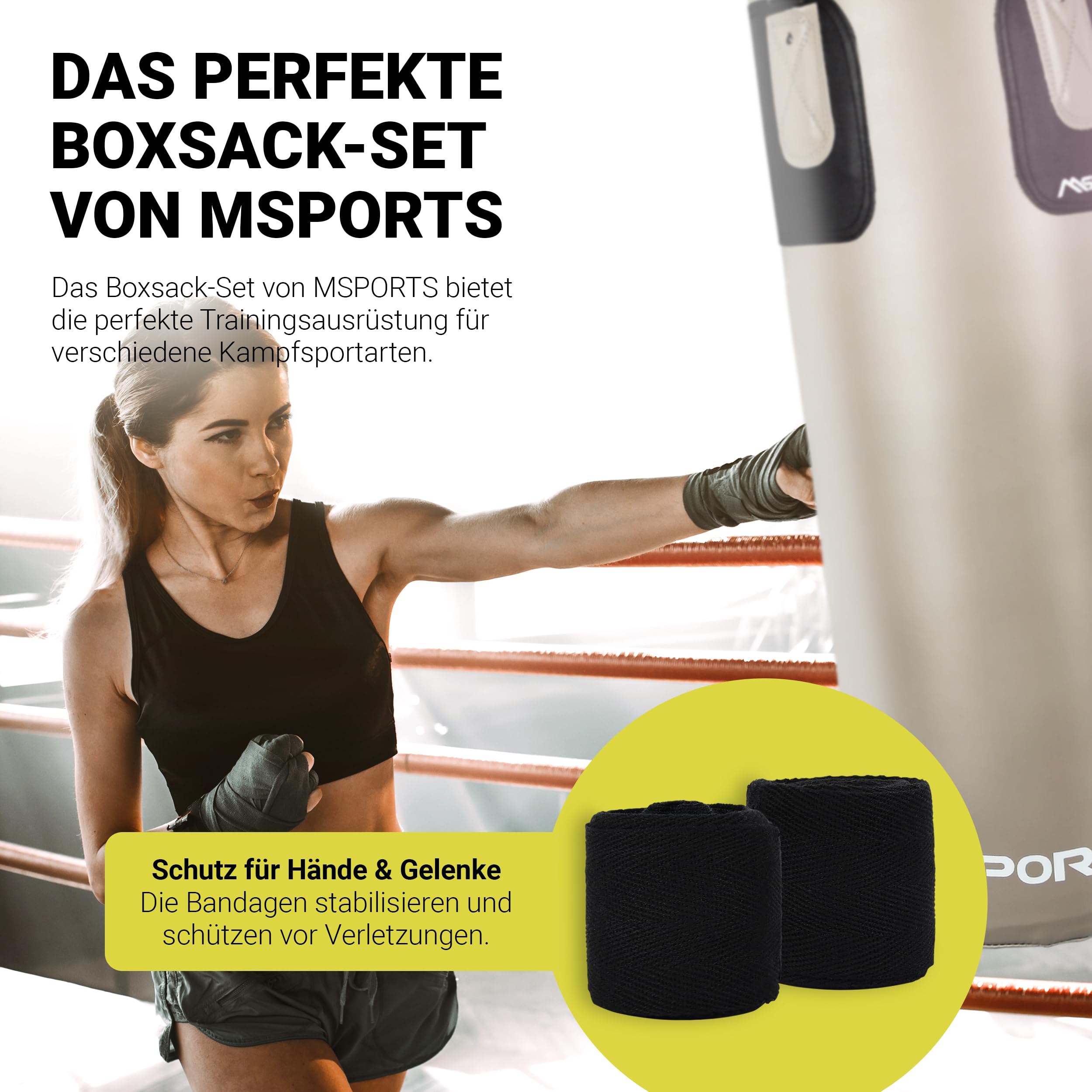 MSPORTS Punch Bag Set Premium 80 × 30 cm – Sac de frappe 25 kg + gants de boxe & bandages – Entraînement de boxe, kickboxing et fitness à la maison ou en studio