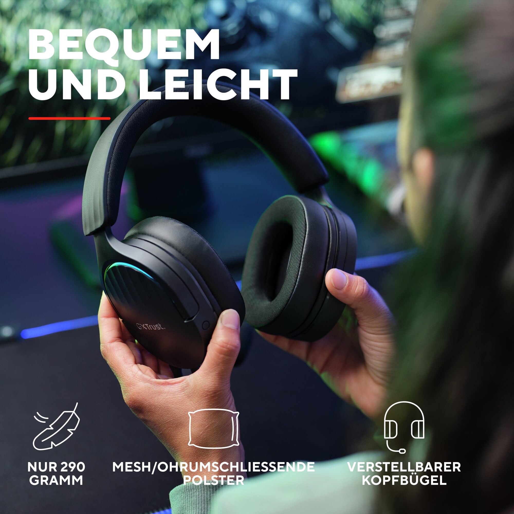 Trust Gaming GXT 490 Fayzo Gaming Headset USB 7.1 Surround Sound, 50mm Treiber, 85% Recyclingkunststoff, Mikrofon mit Geräuschunterdrückung, RGB Over-Ear Kopfhörer für PC PS5 - Schwarz