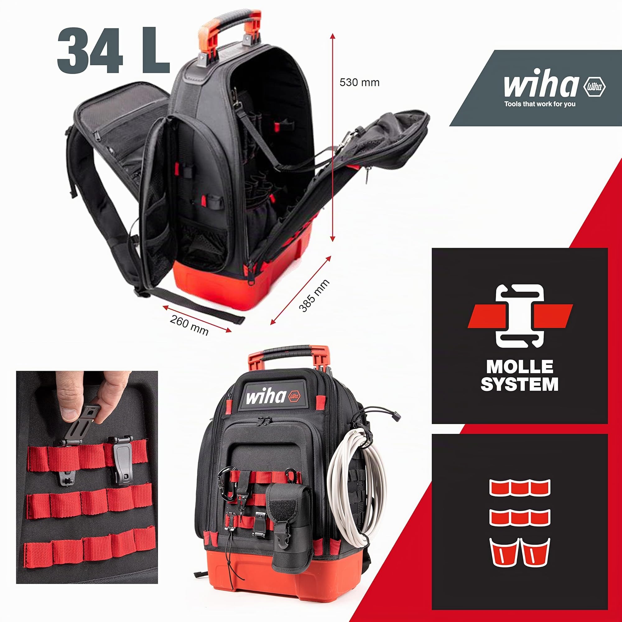 Wiha Zaino meccanico, 43 pezzi, con dotazione di base meccanica, fondo stabile, con scomparto per laptop, tasche per accessori (45529)