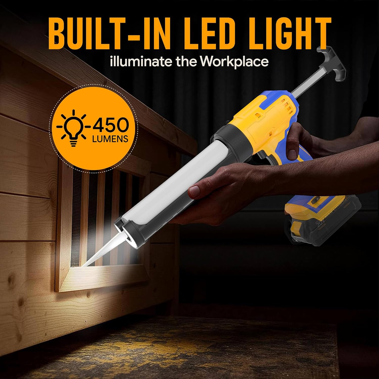 Cordless Caulking Gun Compatible With DeWalt 20V Max Battery, caulk gun 6-Speed No-Drip with LED Light, Filling and Sealing Tool for Windows, Doors, Floors and Walls (NO Battery)